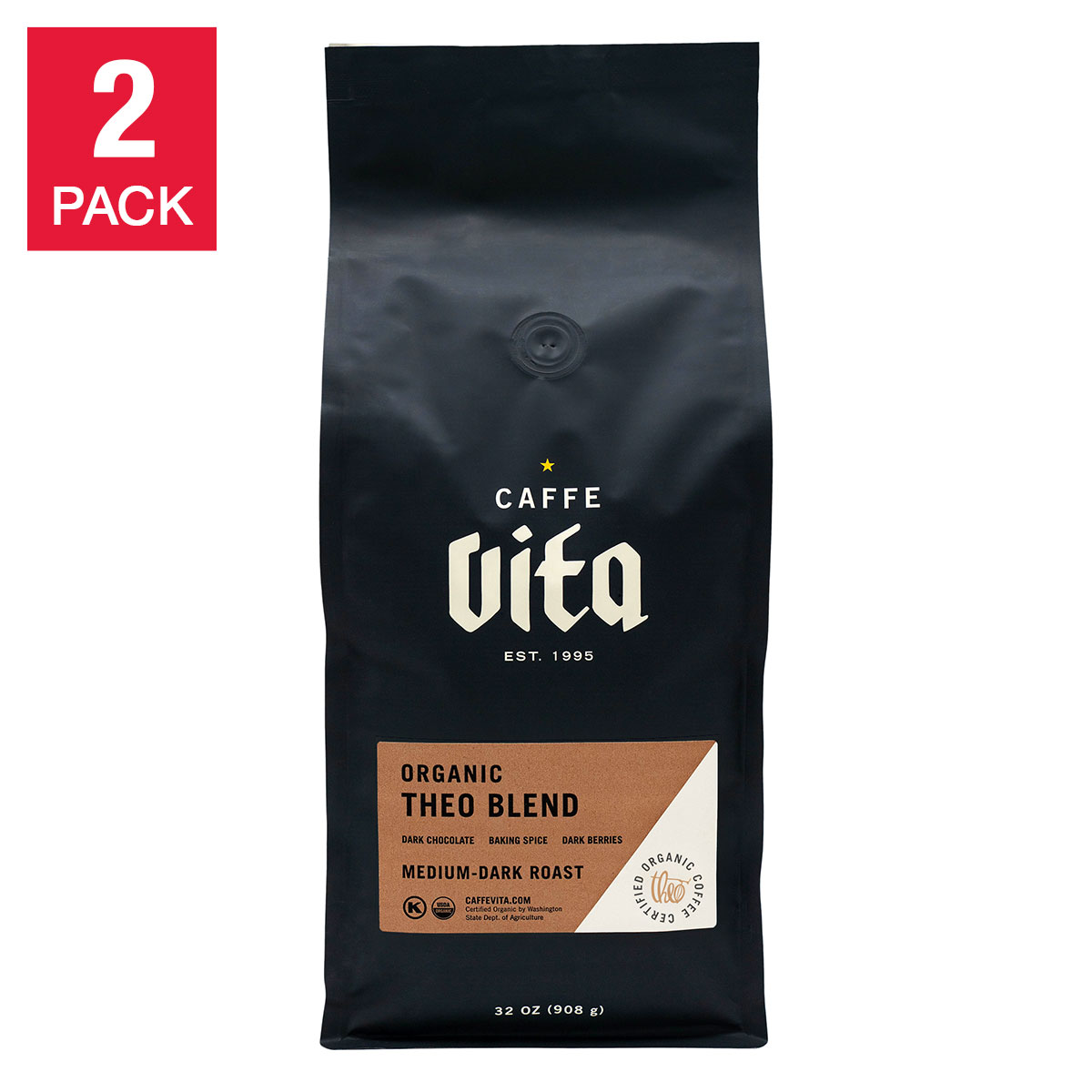Caffe Vita Coffee Theo Blend Whole Bean  Medium-Dark Roast  2 lb. bags  2-pack