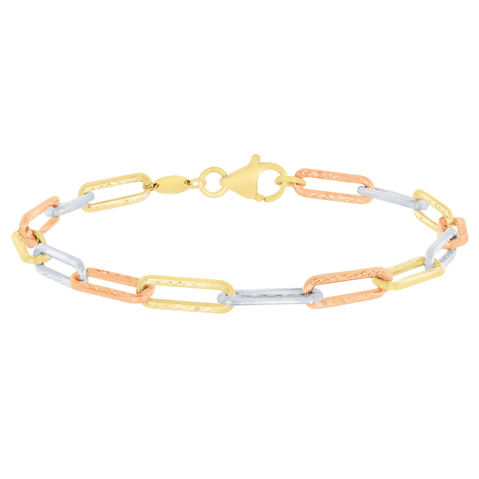 Diamond Cut Paperclip Link Bracelet in Three-Tone Gold