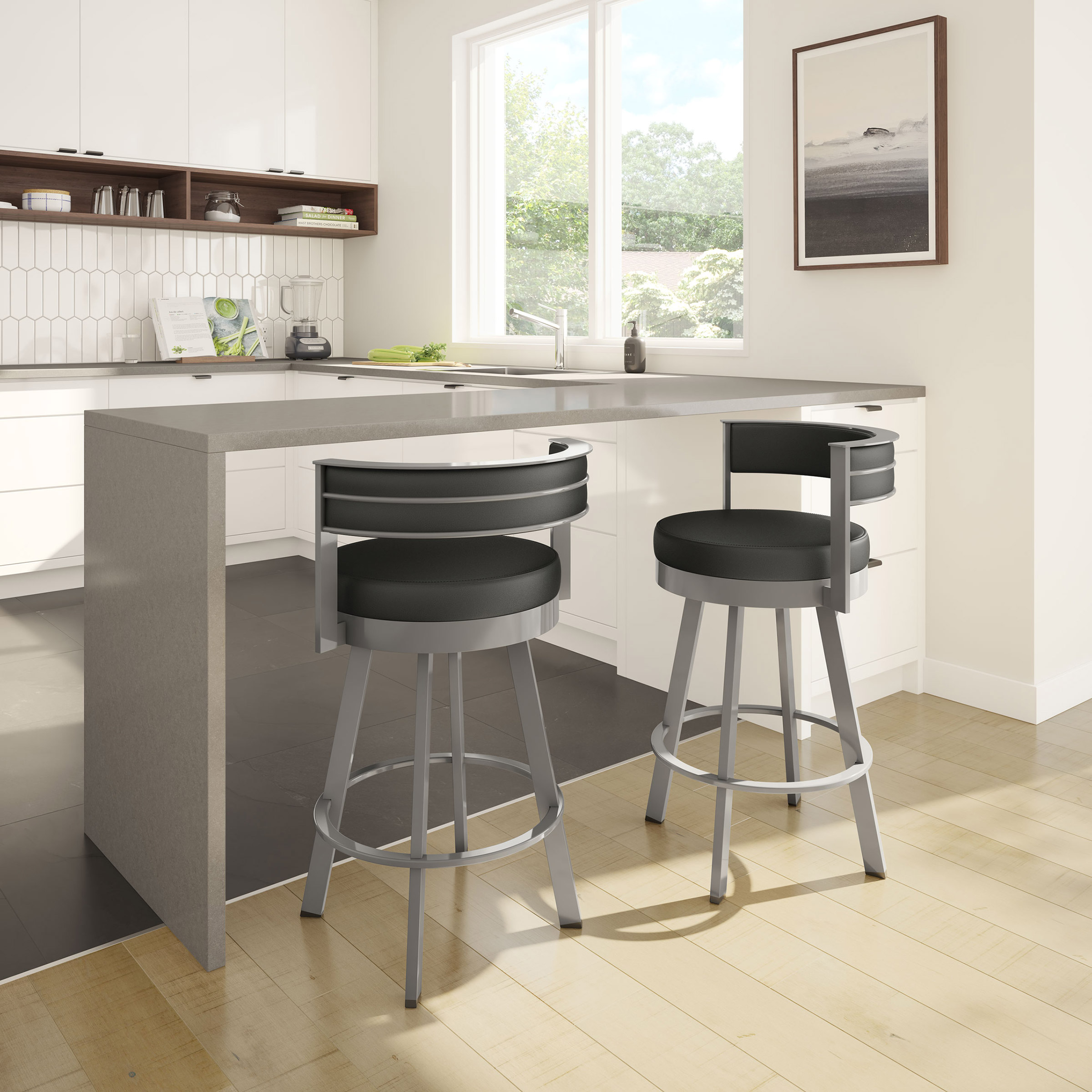 Amisco Browser Grey Frame with Black seat Bar or Counter Stool