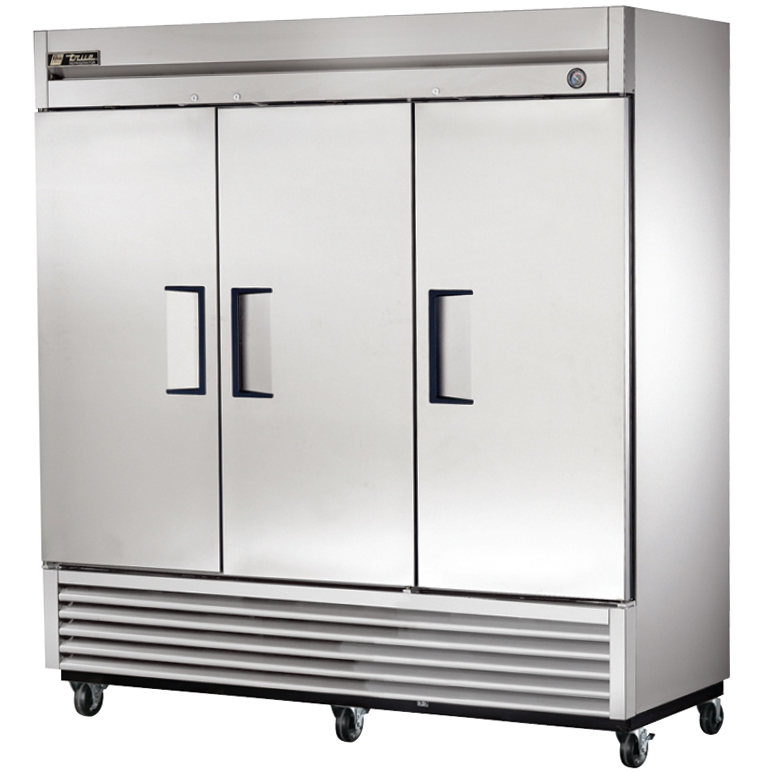 True 78 in. 72 cu ft. Stainless Steel Commercial Reach-In Solid 3 Door Freezer