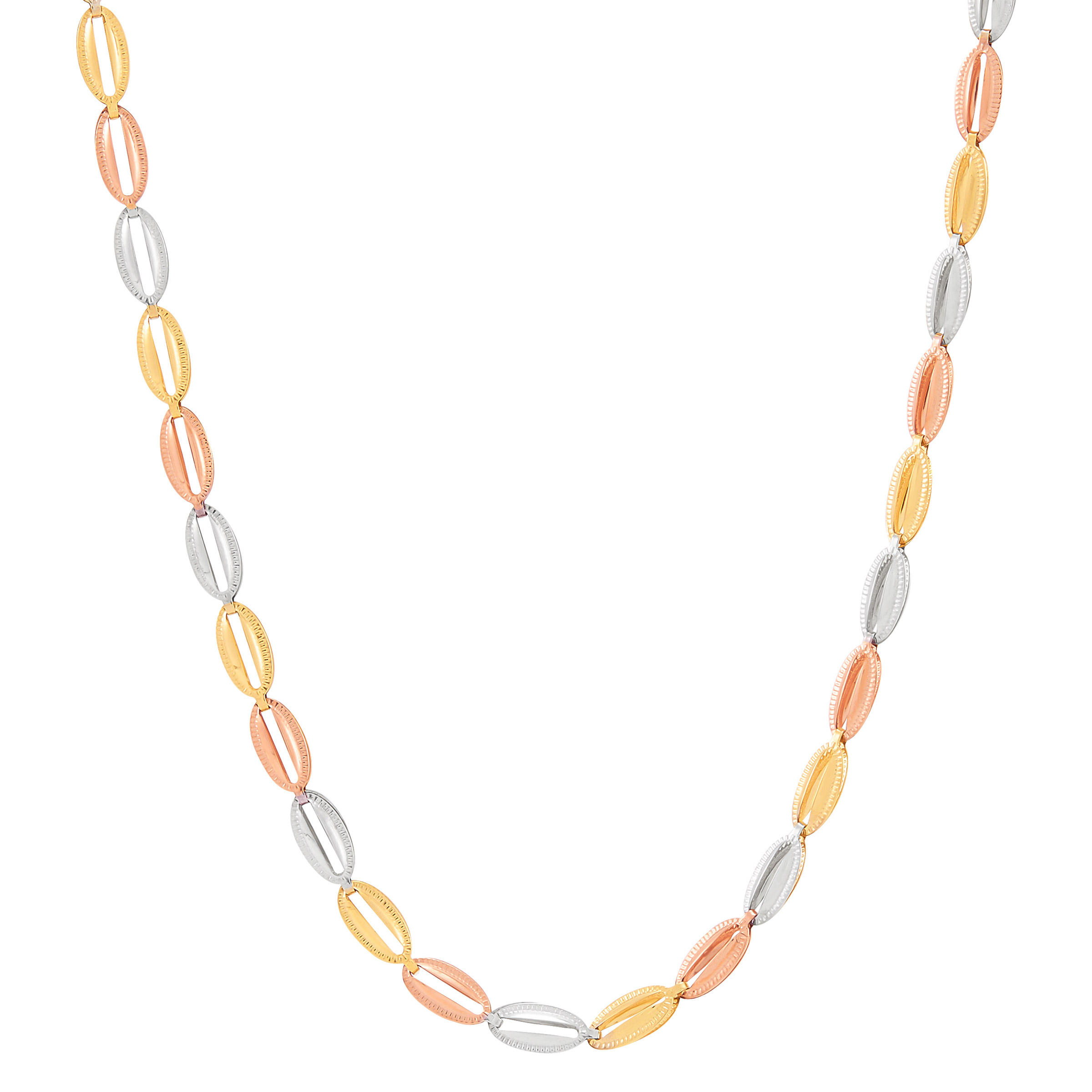 High Polish Oval Link Necklace in Three Tone Gold