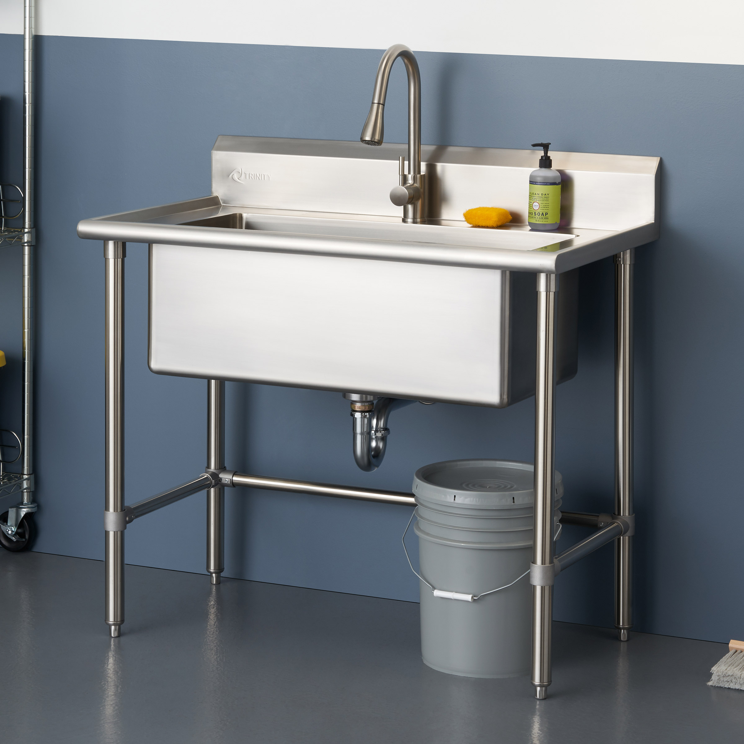 TRINITY 32" x 16" Stainless Steel Utility Sink with Pull-out Faucet
