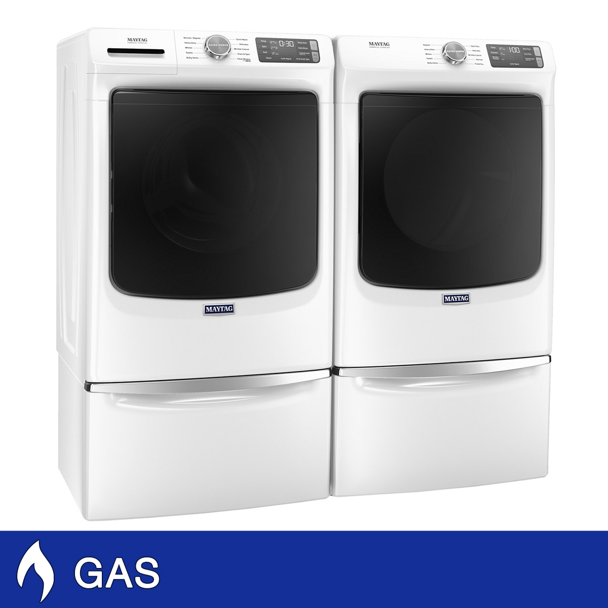 Maytag 4.5 cu. ft. Front Load Washer and 7.3 cu. ft. GAS Dryer with Storage Pedestals