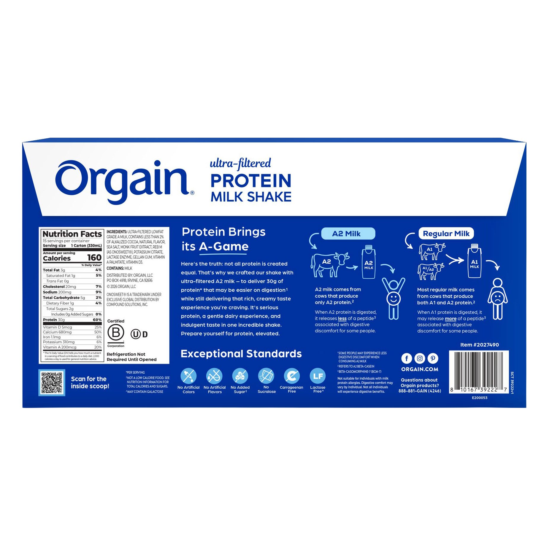 Orgain 30g Ultra Filtered A2 Milk Protein Shake, Chocolate, 11 fl oz ...