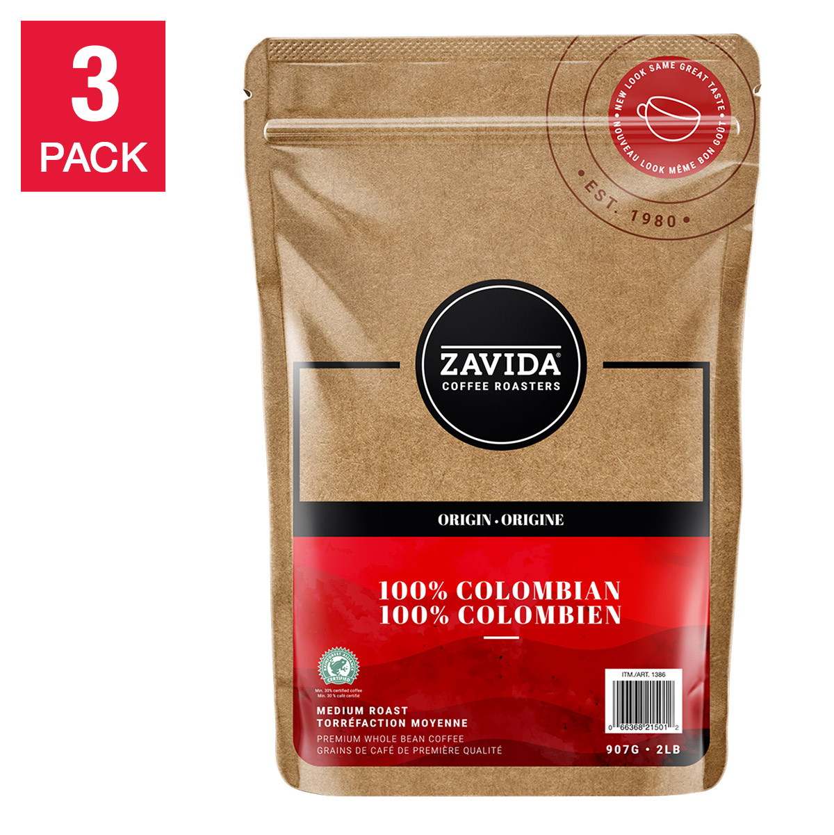Zavida 100% Colombian Whole Bean Coffee, 3 x 907 g