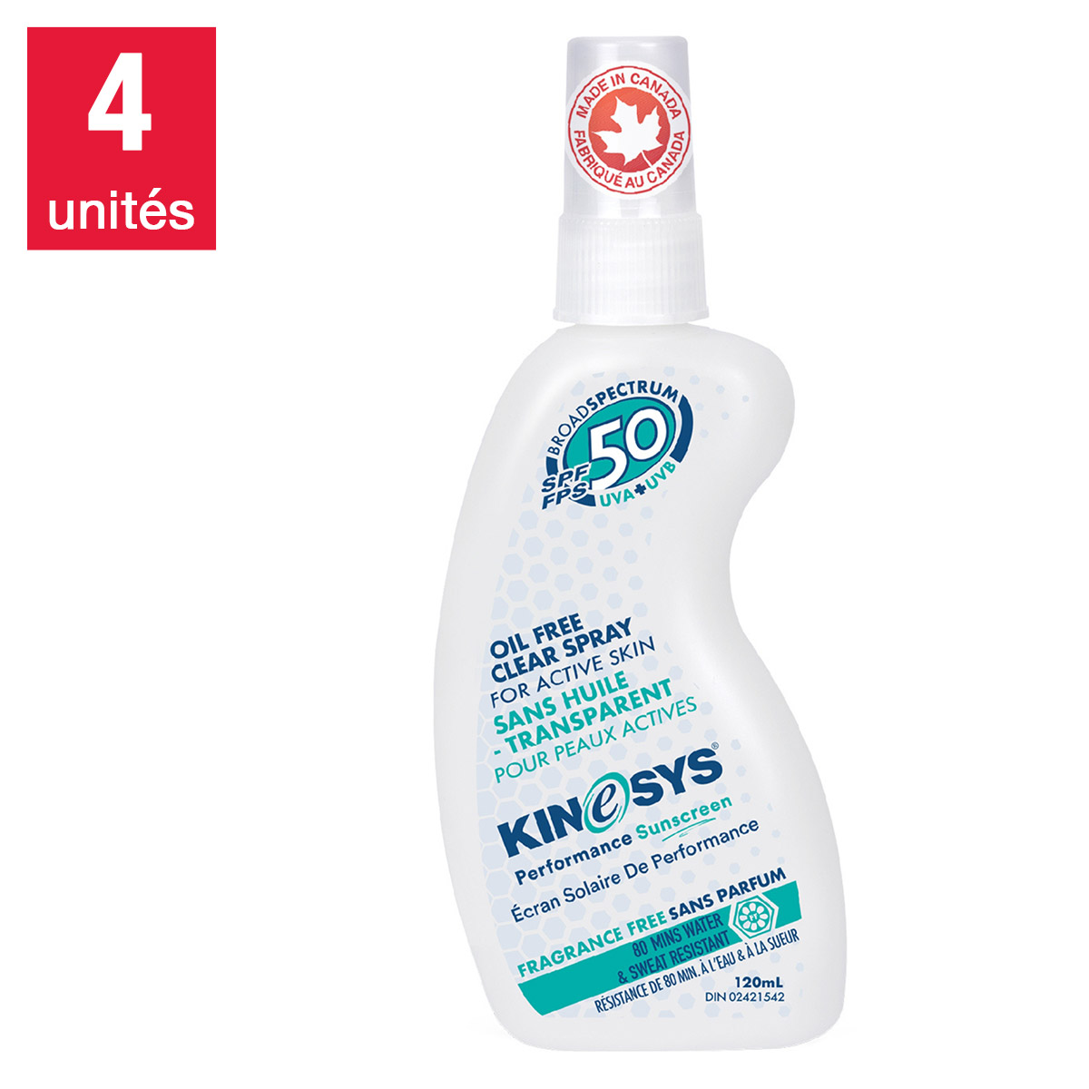 KINeSYS – Ensemble de 4 vaporisateurs d’écran solaire FPS 50 non parfumé de 120 mL