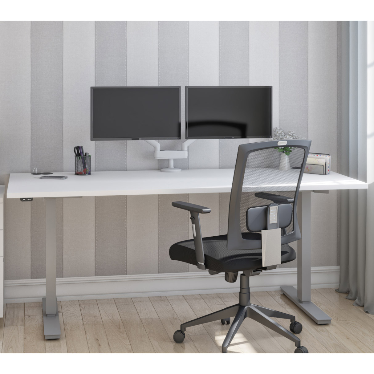 Bestar Upstand 76.2 cm x 182.9 cm (30 in. x 72 in.) Height Adjustable Desk with Dual Monitor Arm