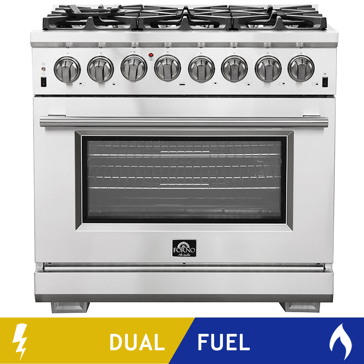 Forno Capriasca 36 in. 5.36 cu. ft. Stainless Steel Dual Fuel 6-burner Range with Convection Oven