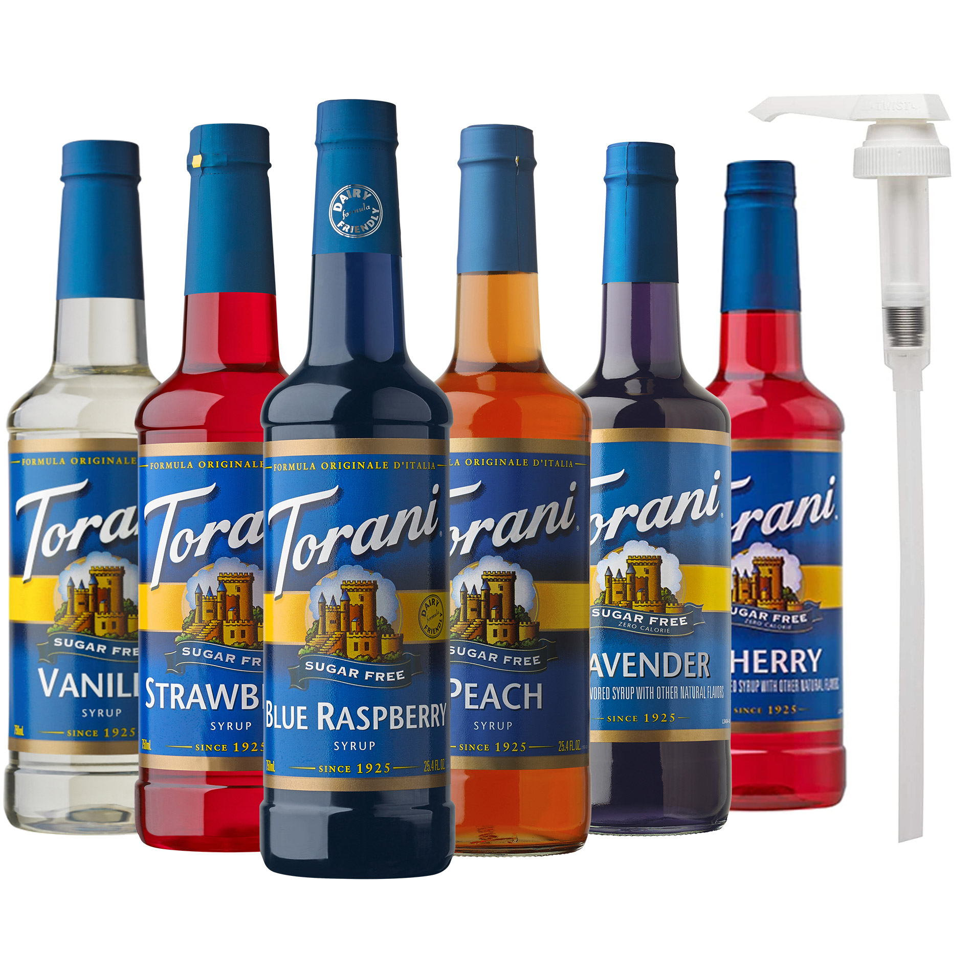 Torani Sugar Free Syrup Variety Pack, 6 × 750 mL + 1 Pump