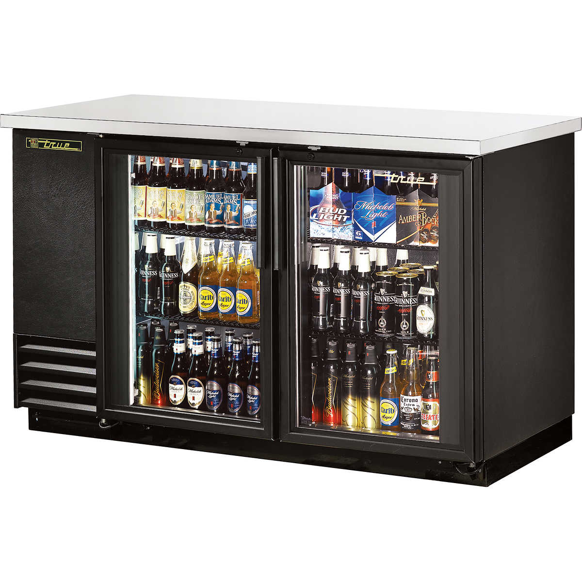 True 59 in. Black Back Bar Glass Door Refrigerator with LED Lighting