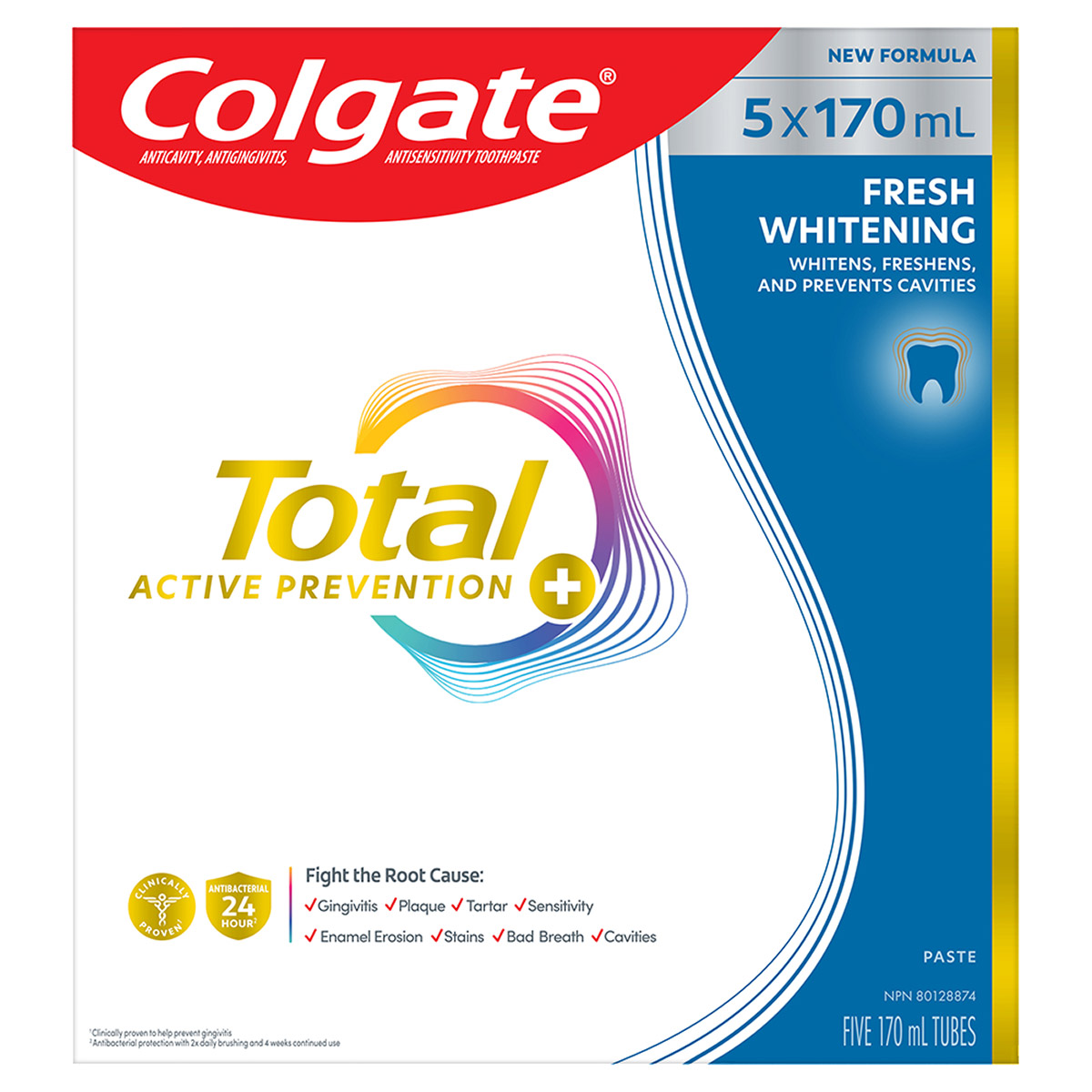 Colgate Active Prevention Plus Fresh Whitening Toothpaste, 5 X 170 mL