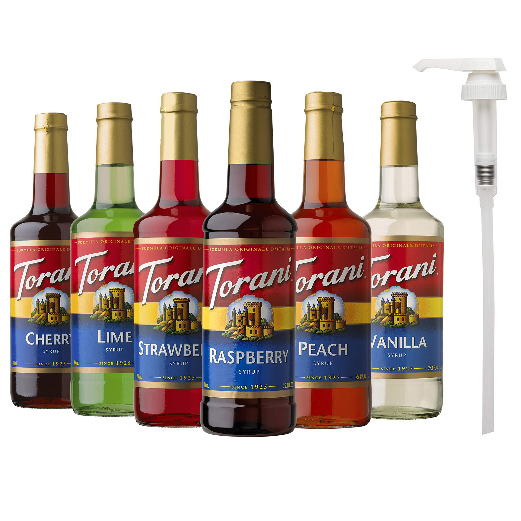 Torani Syrup Variety Pack, 6 × 750 mL + 1 Pump