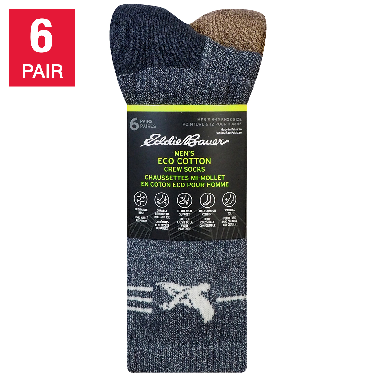 Eddie Bauer Men’s Eco Cotton Crew Socks, 6-pair