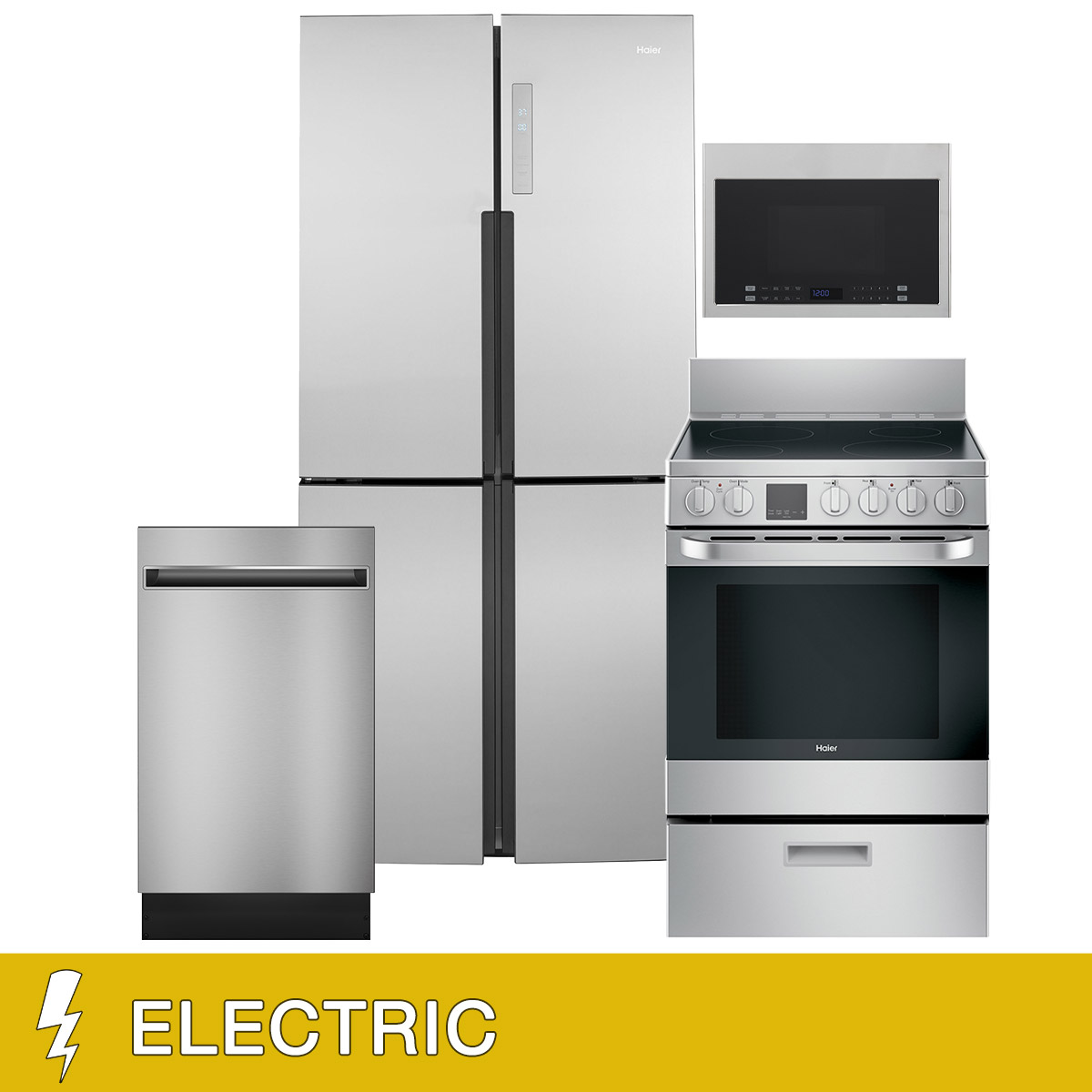 Haier 4-piece ELECTRIC Kitchen Package with 16.8 Cu. Ft. Counter-Depth Quad Door Refrigerator