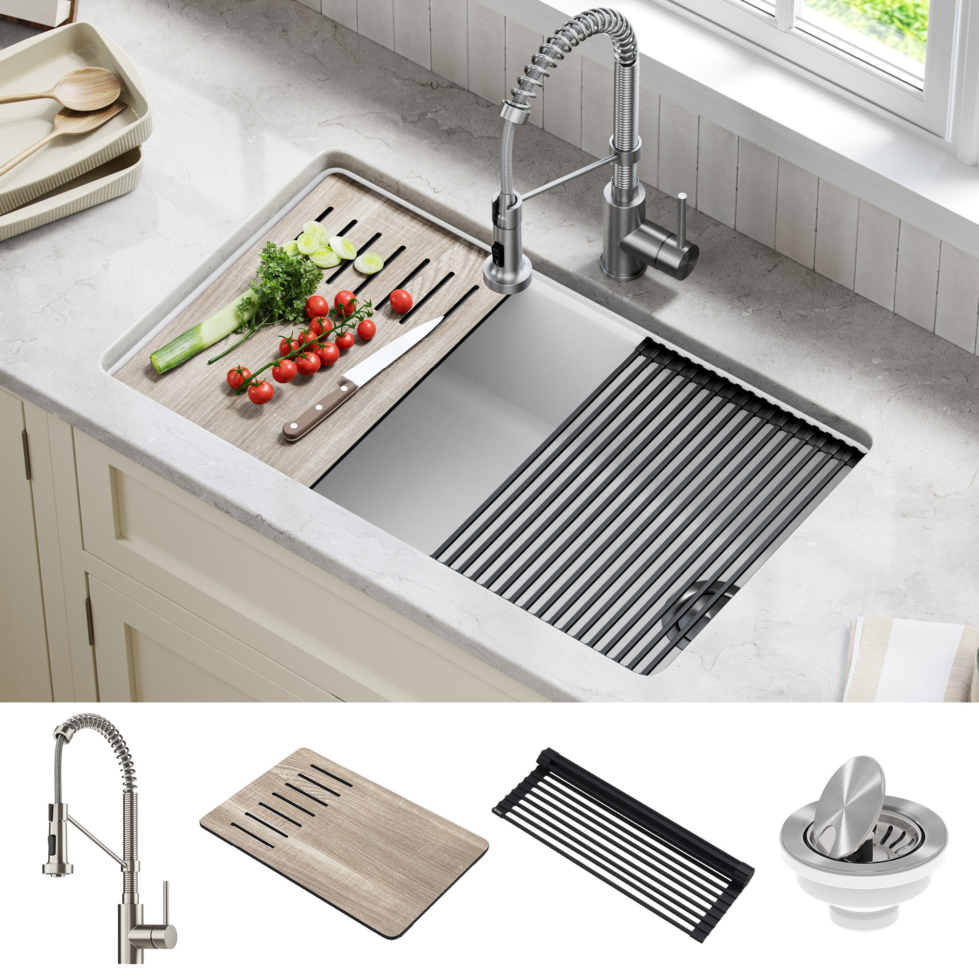 KRAUS 32" Undermount Single Bowl Granite Kitchen Sink with Commercial Kitchen Faucet