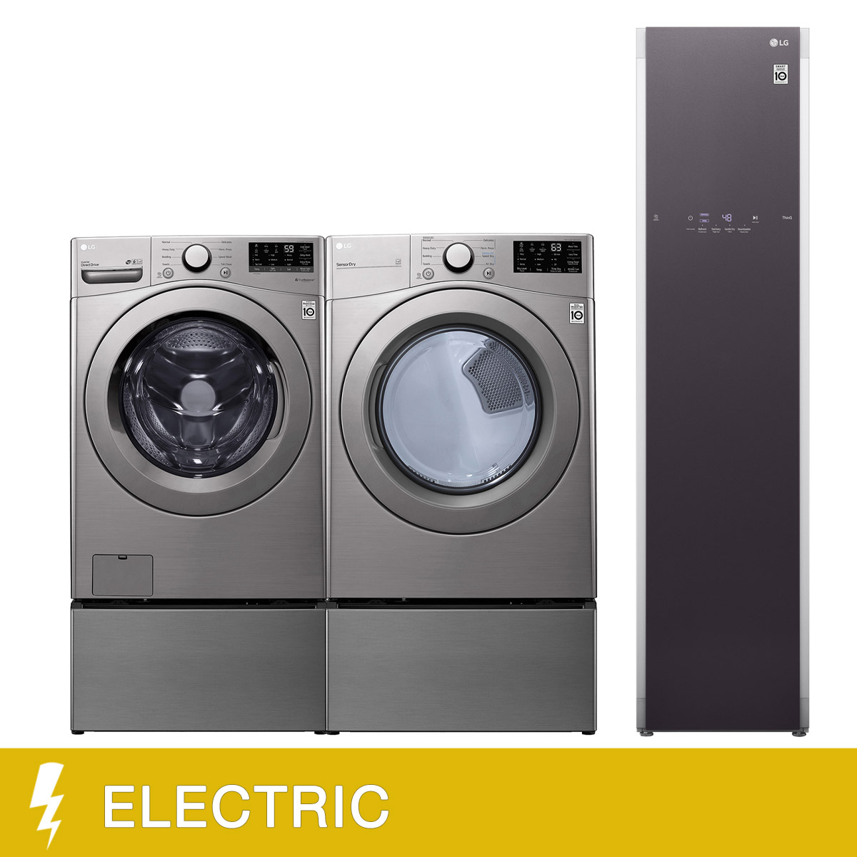 LG Laundry Bundle 5.2 cu ft. Front Load Washer and 7.4 cu ft. Electric Dryer with 1.0 cu ft. SideKick Washer and Storage Pedestal and Styler Steam Closet