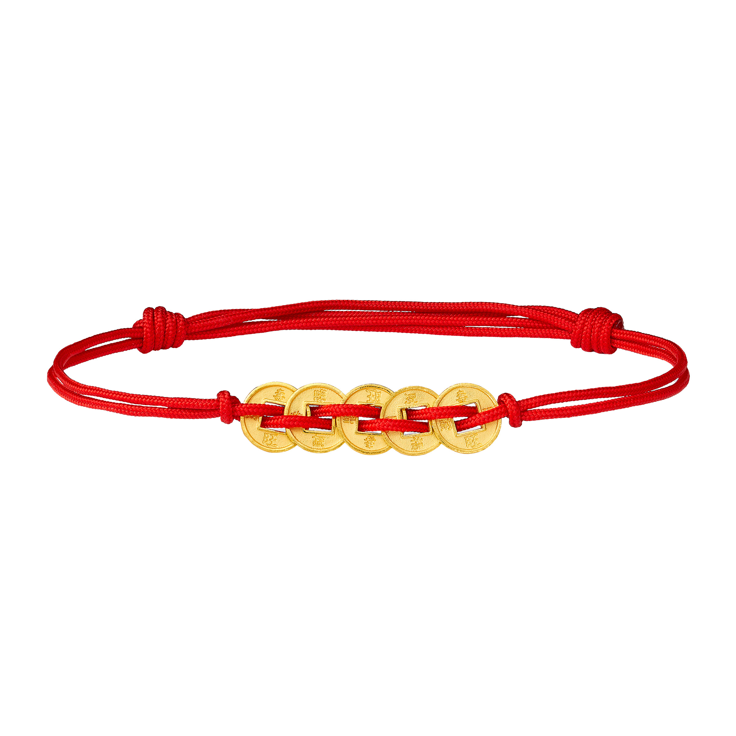 Satin Finish Five Coin Bracelet in 24-kt Yellow Gold on Braided Nylon Cord