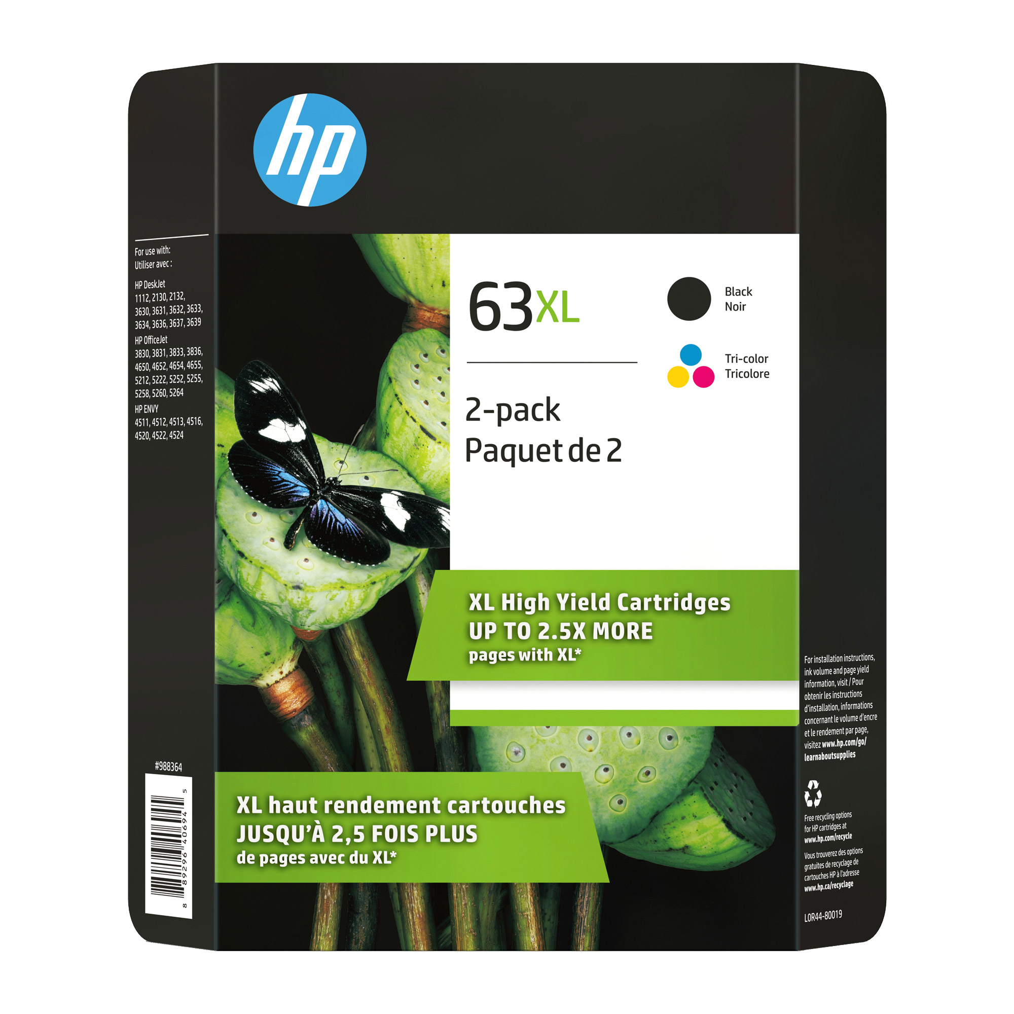 HP 63XL Black and Tri-Color High Yield Original Ink Cartridges (L0R44BN), 2-pack