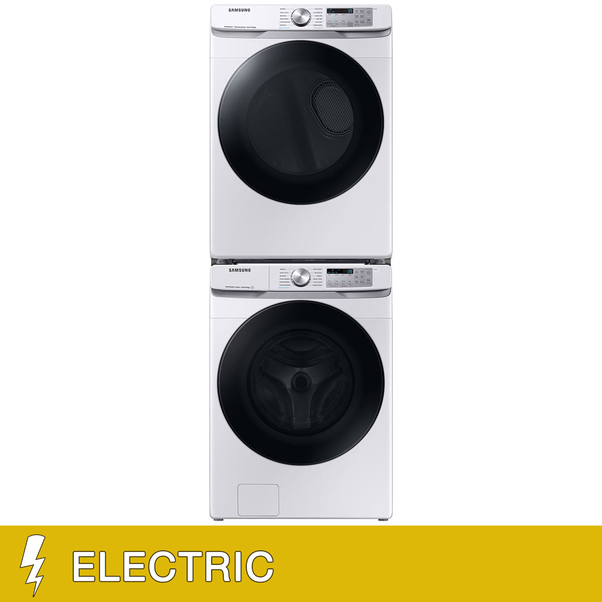 Samsung 4.5 cu. ft. Large Capacity Smart Front Load Washer with Super Speed Wash and 7.5 cu. ft. Smart ELECTRIC Dryer with Stacking Kit