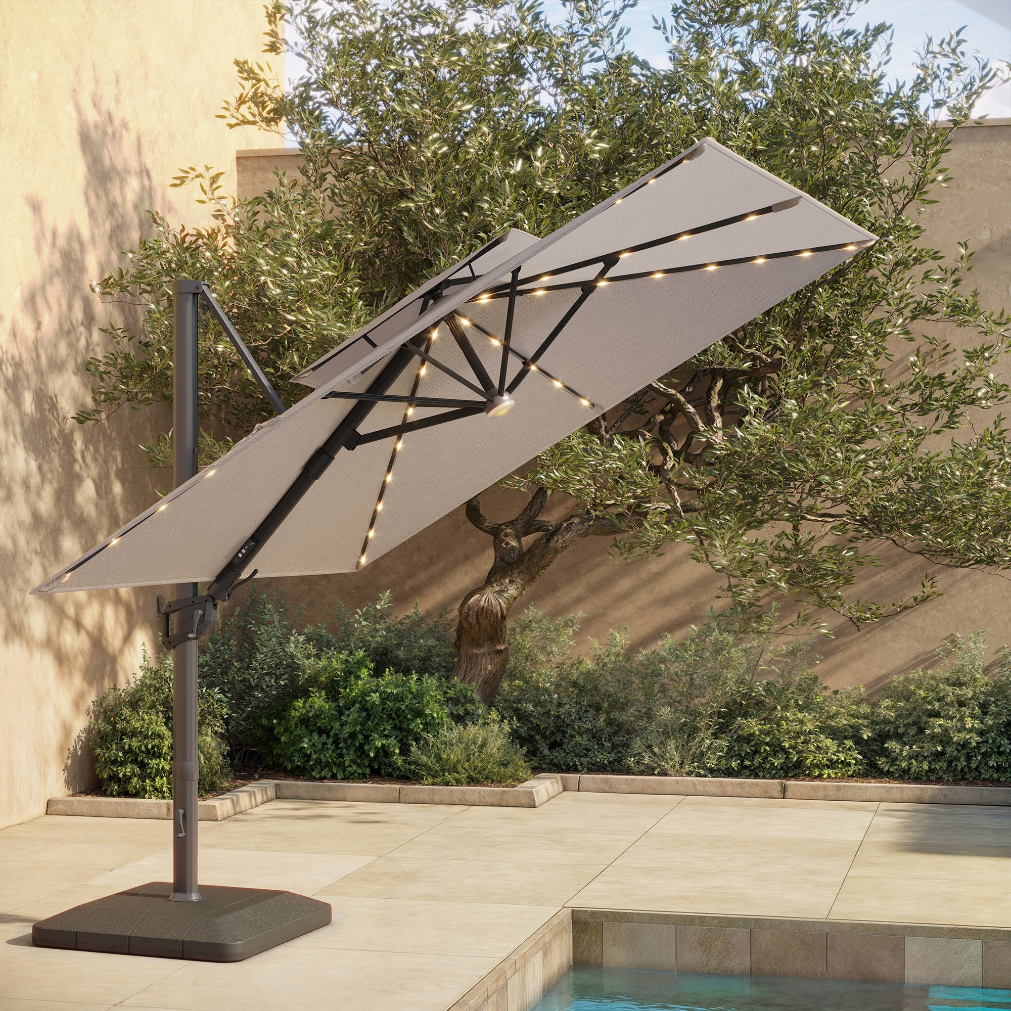 Seasons Sentry 10' Square 2-Tier Solar LED Aluminum Cantilever Umbrella  With Base | Costco