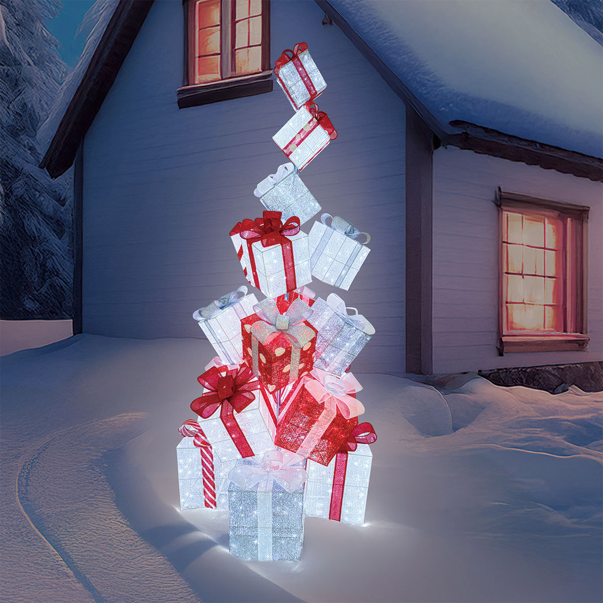 3.35m (11ft) Stacked Gift Box Tree with Twinkle Lights