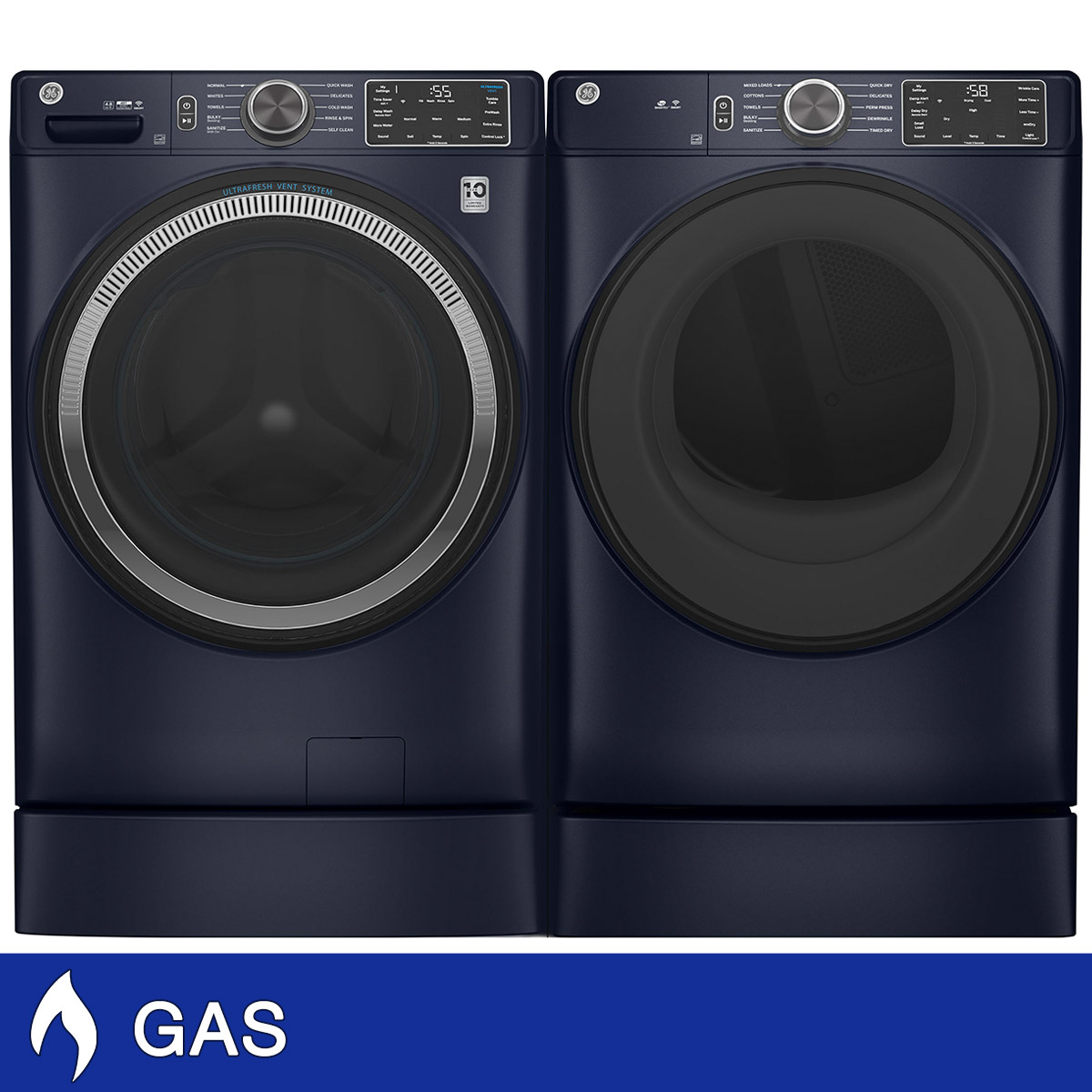 GE 4.8 cu. ft. Washer with Microban and 7.8 cu. ft. GAS Laundry Package with 7 inch Risers