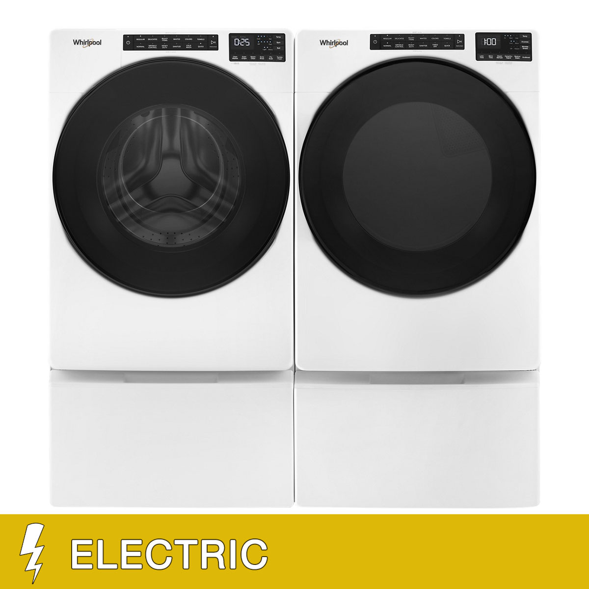 Whirlpool 5.0 cu. ft. Front Load Washer with Quick Wash Cycle and 7.4 cu. ft. ELECTRIC Dryer with Storage Pedestals