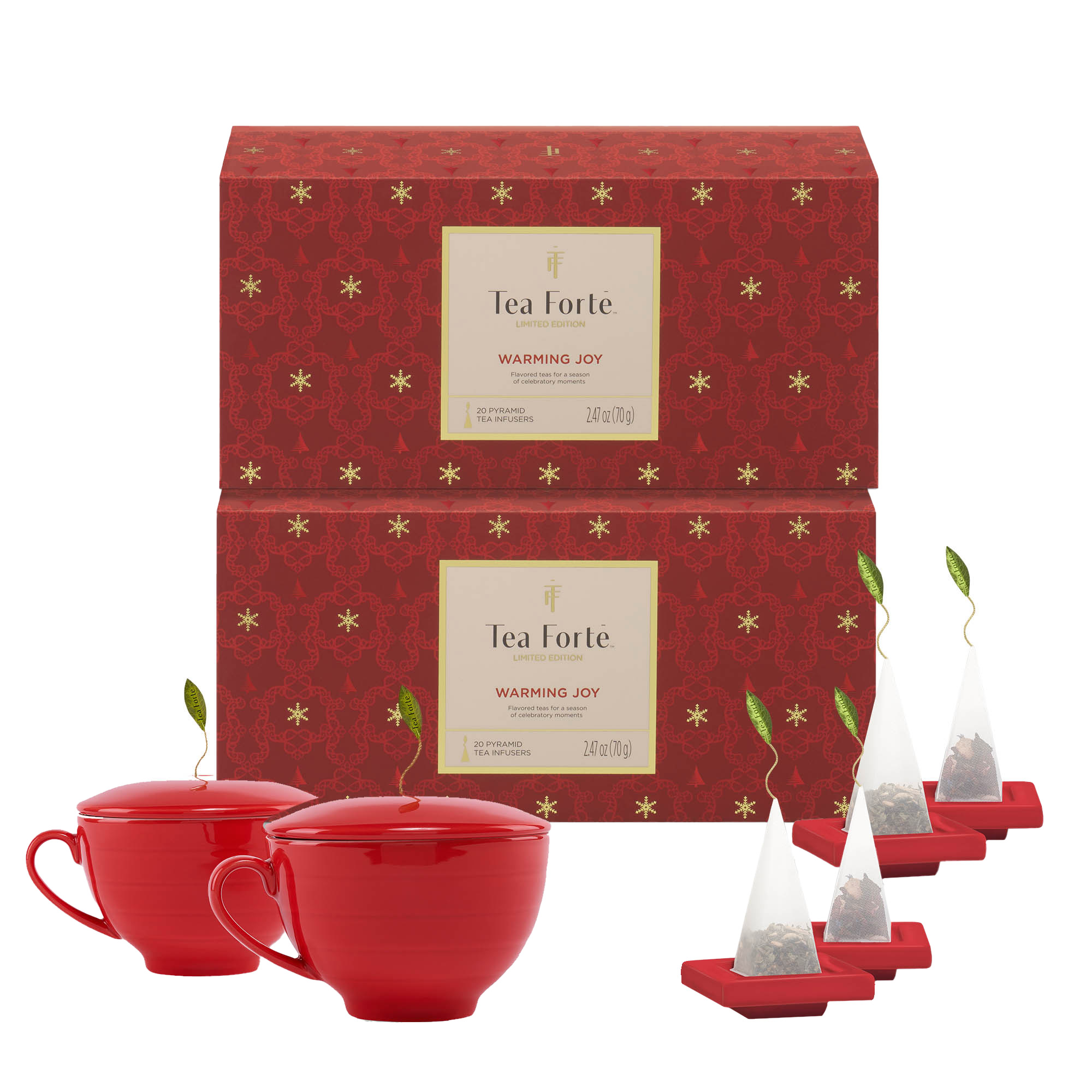 Tea Forté Warming Joy Bundle  2 Café Cups and 4 Tea Trays  50 Tea Pyramids Total