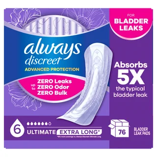 Always Discreet Advanced Protection Incontinence Pads for Women, Ultimate Absorbency, Extra Long, 76-count