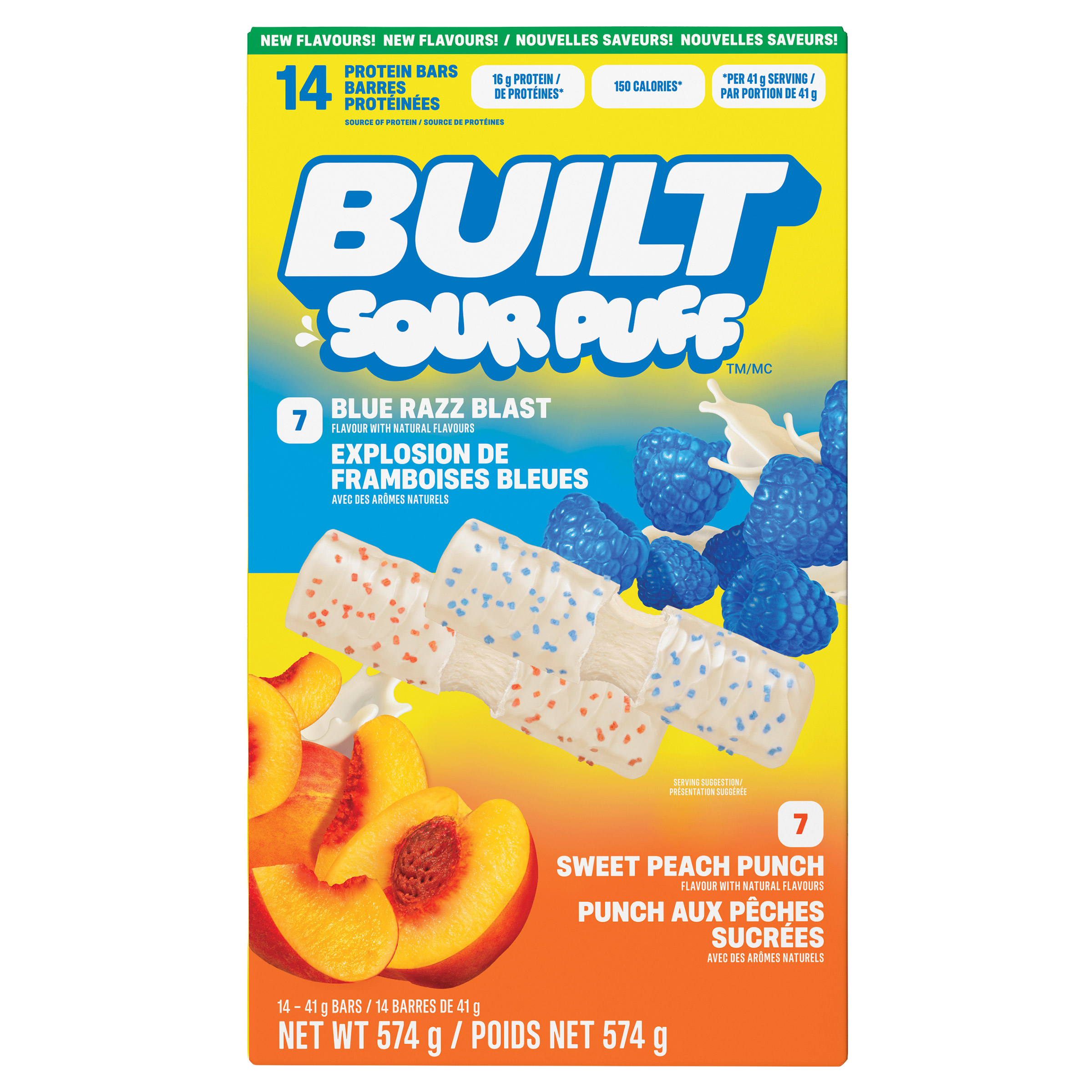 Built Sour Puff Protein Bars, Blue Razz Blast and Sweet Peach Punch, 14 ...