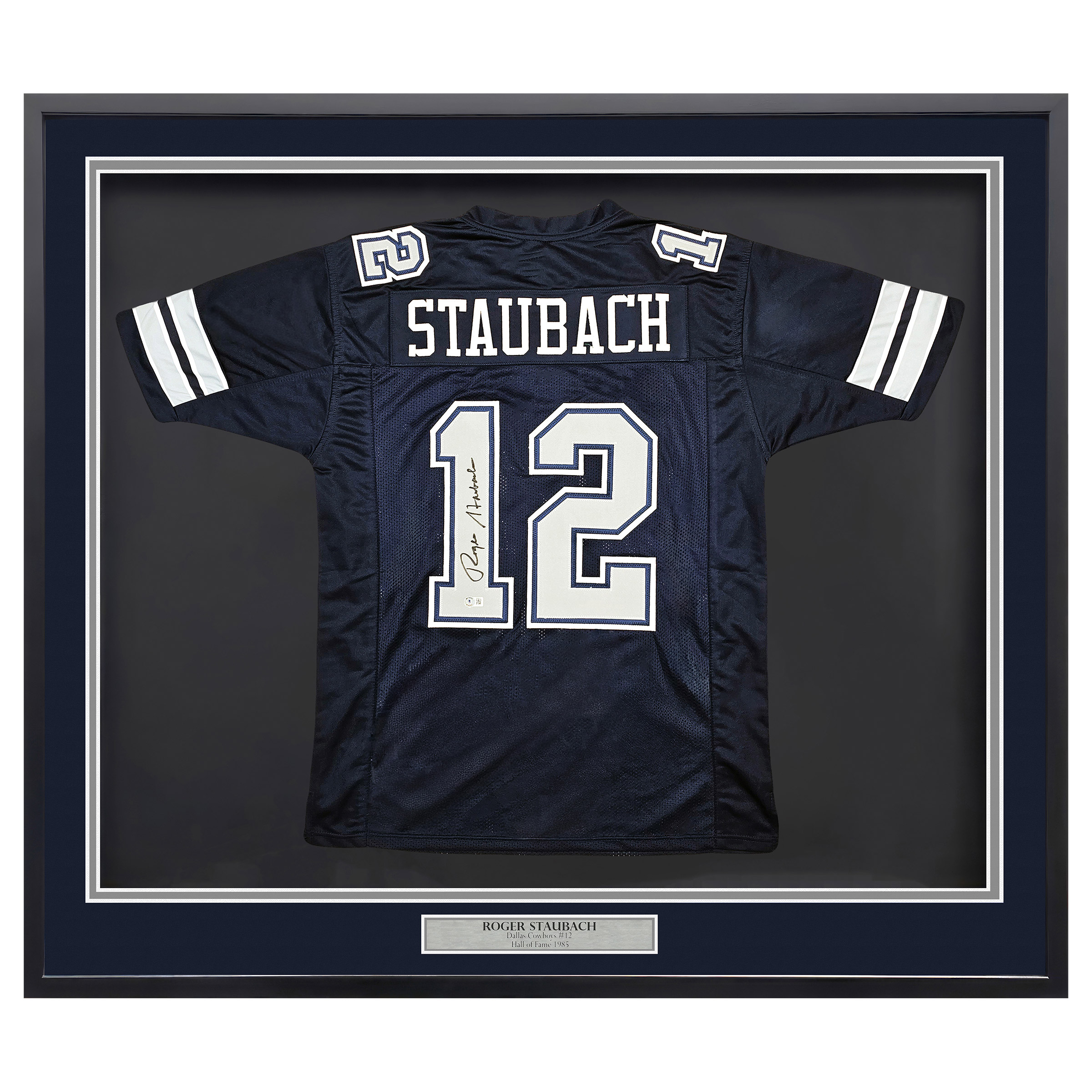 Dallas Cowboys Roger Staubach Autographed Framed Navy Blue Jersey - Beckett Authenticated