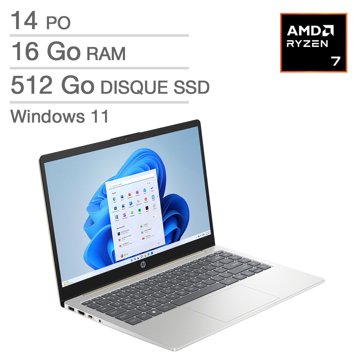 HP Ordinateur portable de 14 po, AMD Ryzen 7 7730U– 16 Go de RAM, 512 Go SSD