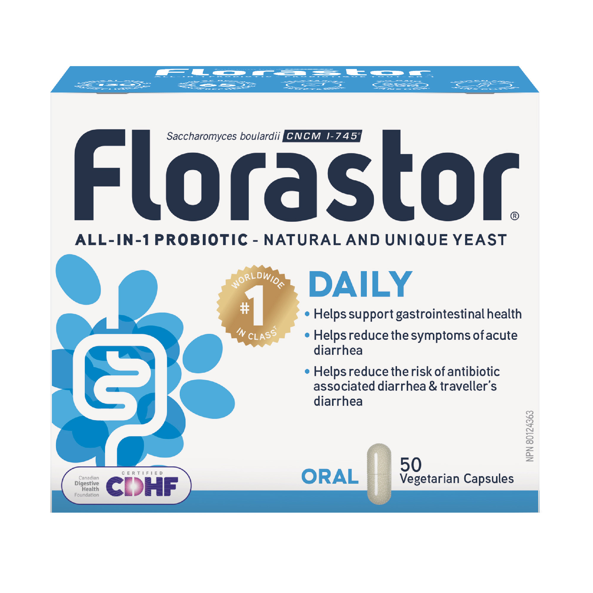 Florastor Daily Probiotic Supplement 2.5 Billion 250 mg, 50 Vegetarian Capsules