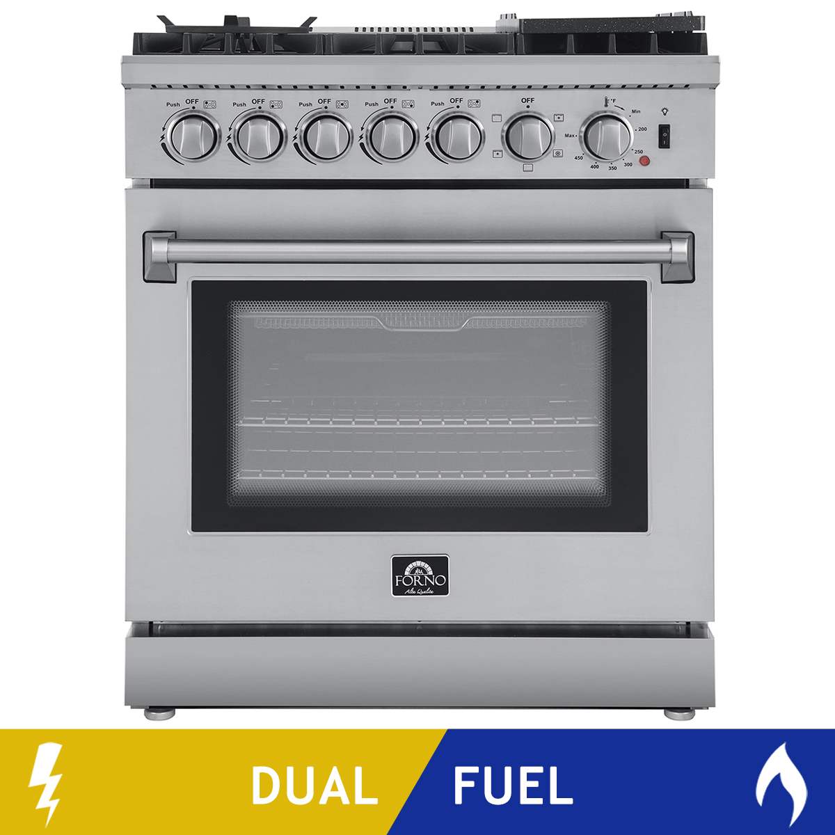 Forno Lazio 30 in. 4.32 cu. ft. Stainless Steel Dual Fuel 5-burner Range with Air Fryer