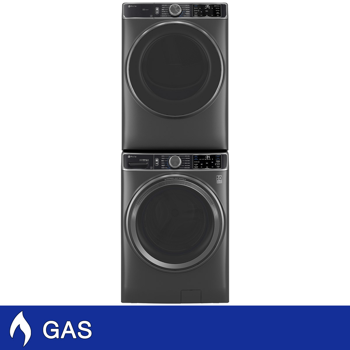 GE Profile 5.5 cu. ft. Smart Front Load Washer with UltraFresh Vent System+ and 7.8 cu. ft. Smart GAS Front Load Dryer with Steam and Sanitize Cycle with Stacking Kit