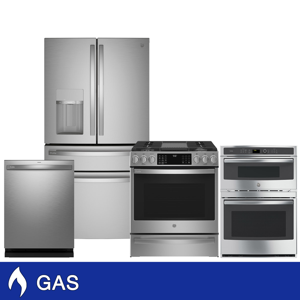 GE Profile 4-PIece GAS Kitchen Package with 27.9 cu. ft. 4-Door French Door Refrigerator