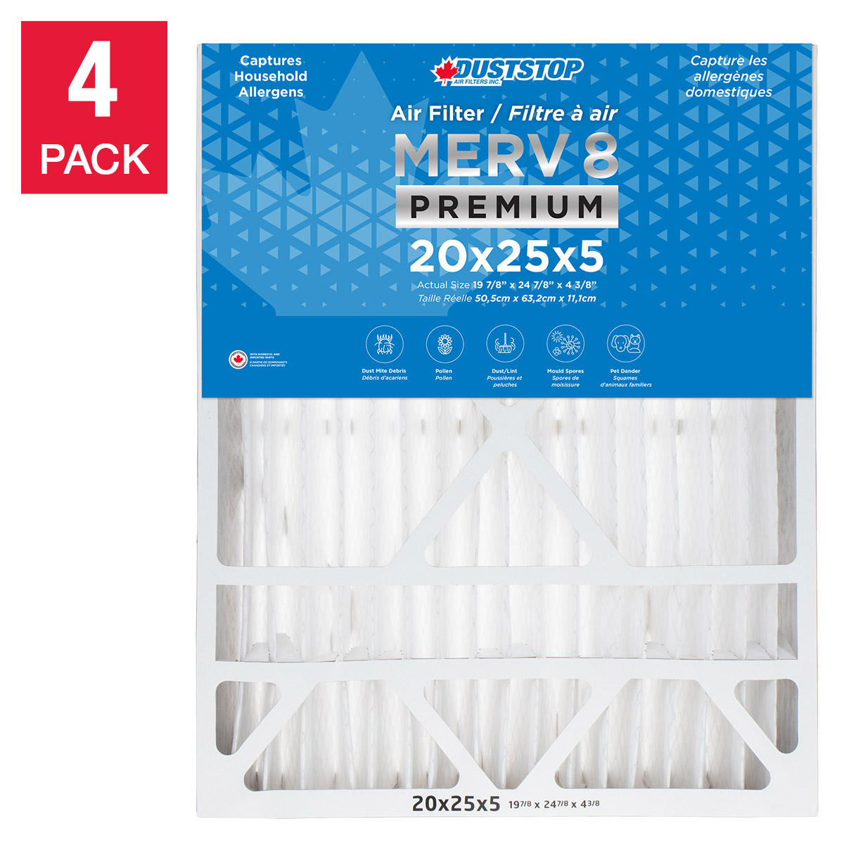Duststop 20x25x5 MERV 8 Premium Pleated Furnace Filter, 4-pack
