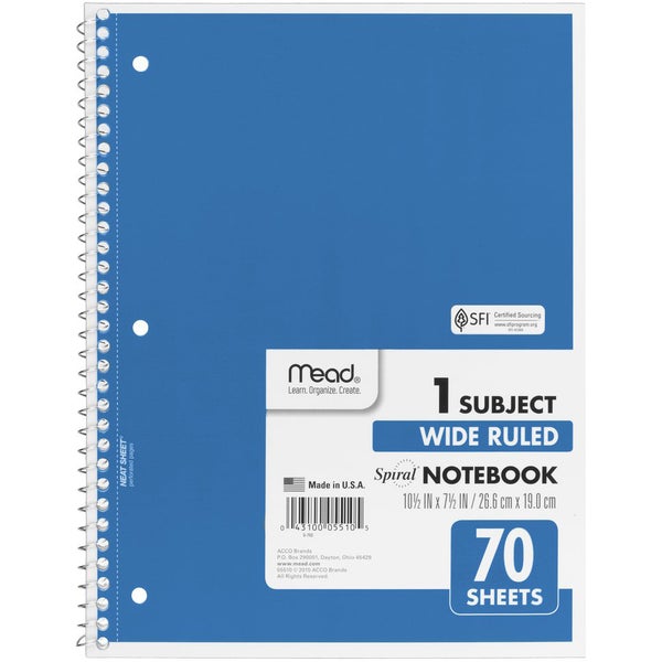 Mead 1-Subject Spiral Notebook, Wide Ruled, Assorted Colors Mead 1-Subject Spiral Notebook, Wide Ruled, Assorted Colors