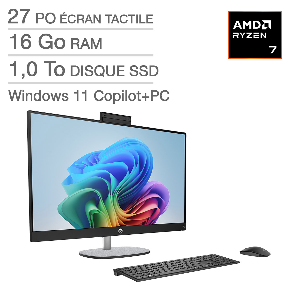 HP Ordinateur Tout-en-un de Écran tactile Copilot+ de 27 po, AMD Ryzen AI 7 350 – 16 Go RAM, 1 To SSD