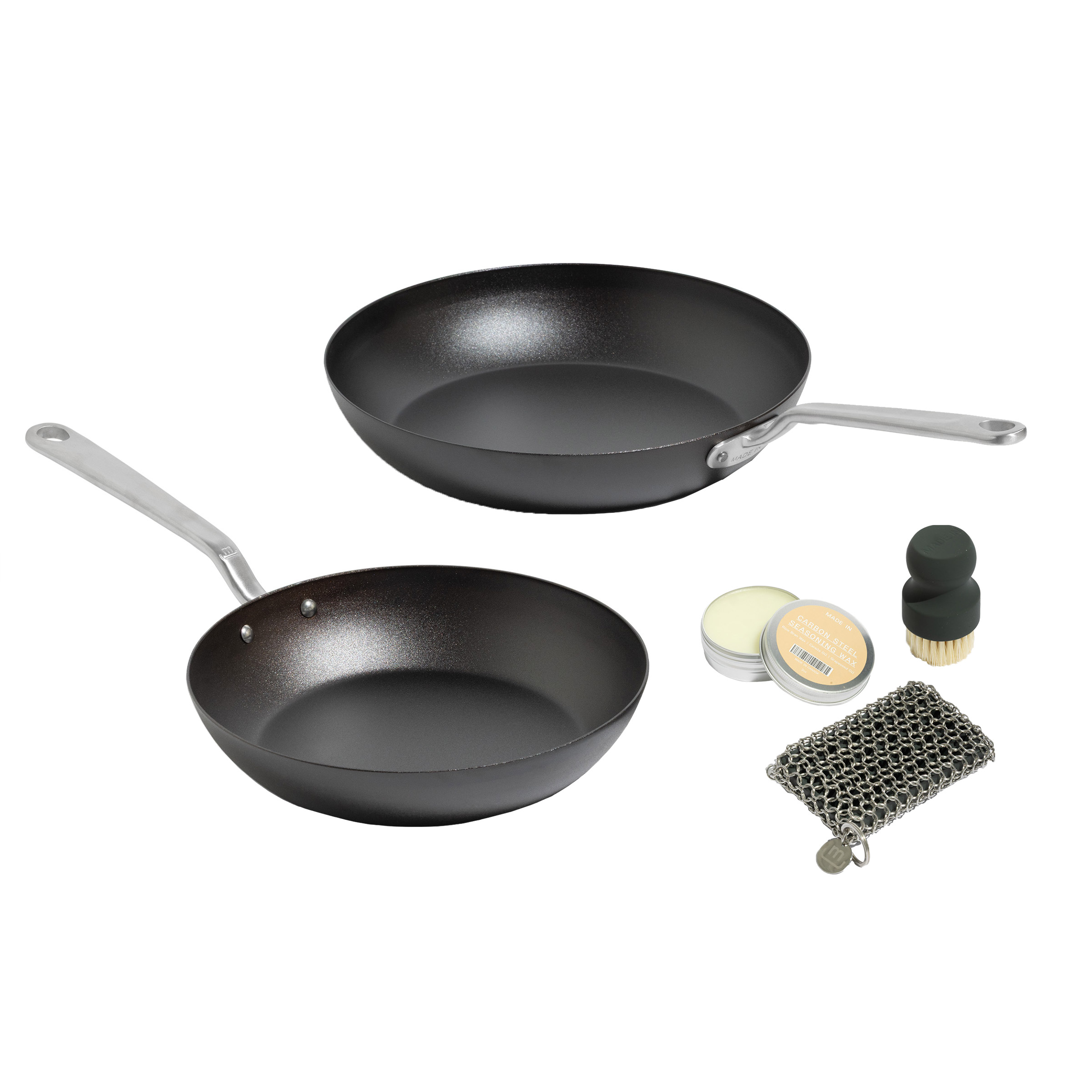 MADE IN 2-piece Seasoned Carbon Steel Frying Pan Set with Carbon Steel Care Kit