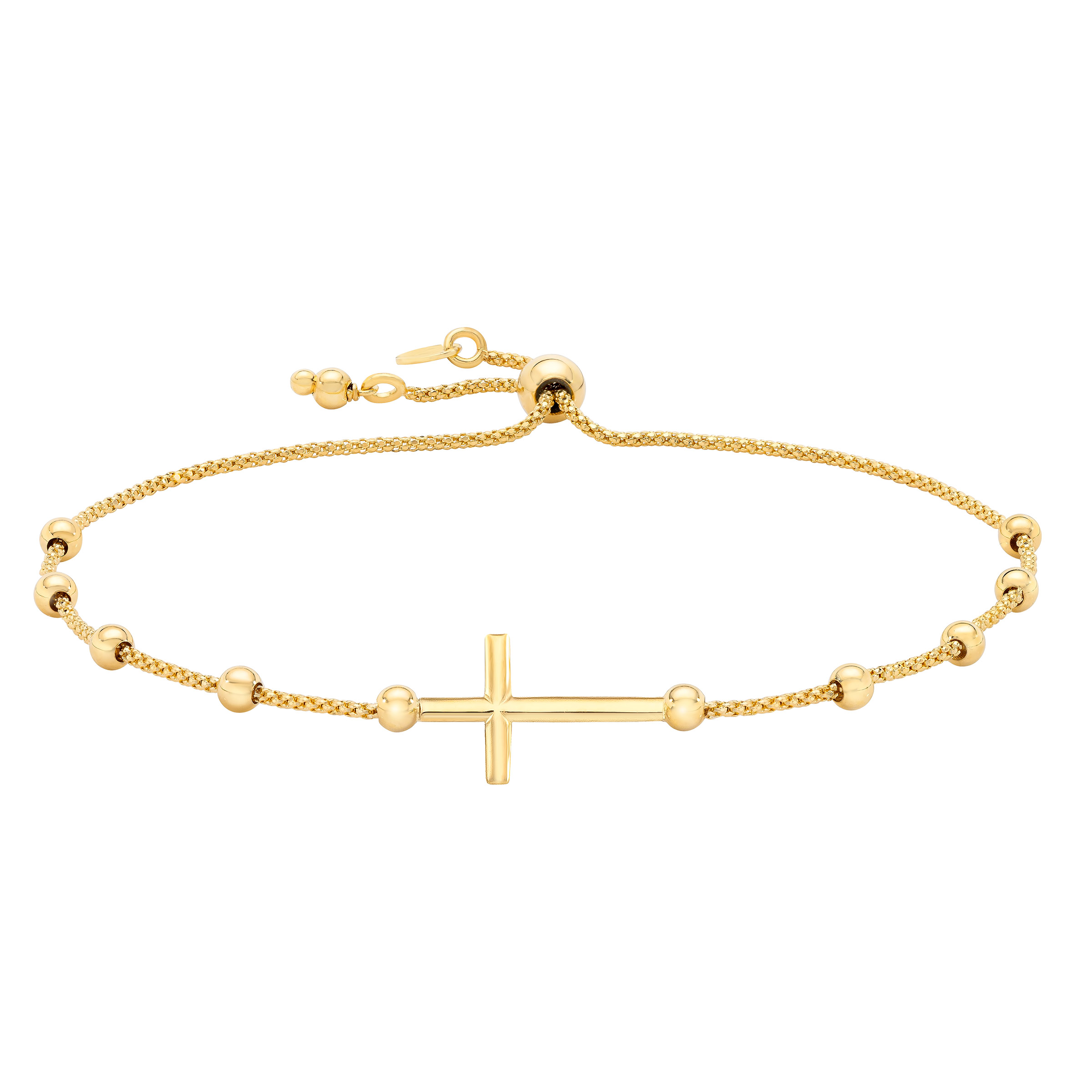 High Polish Bead Cross Bolo Bracelet in Yellow Gold
