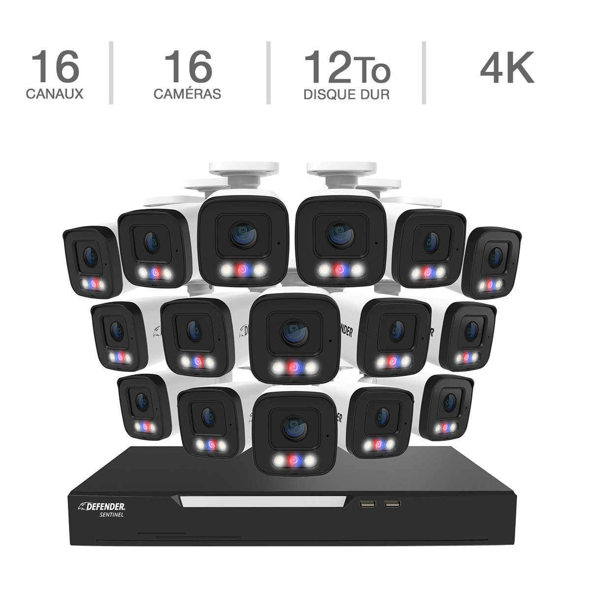 Defender - Système de sécurité ALIMENTÉ PAR L'IA Sentinel 4K Ultra HD 16 canaux filaire POE NVR avec 16 Caméras en métal et un disque dur de 12 To