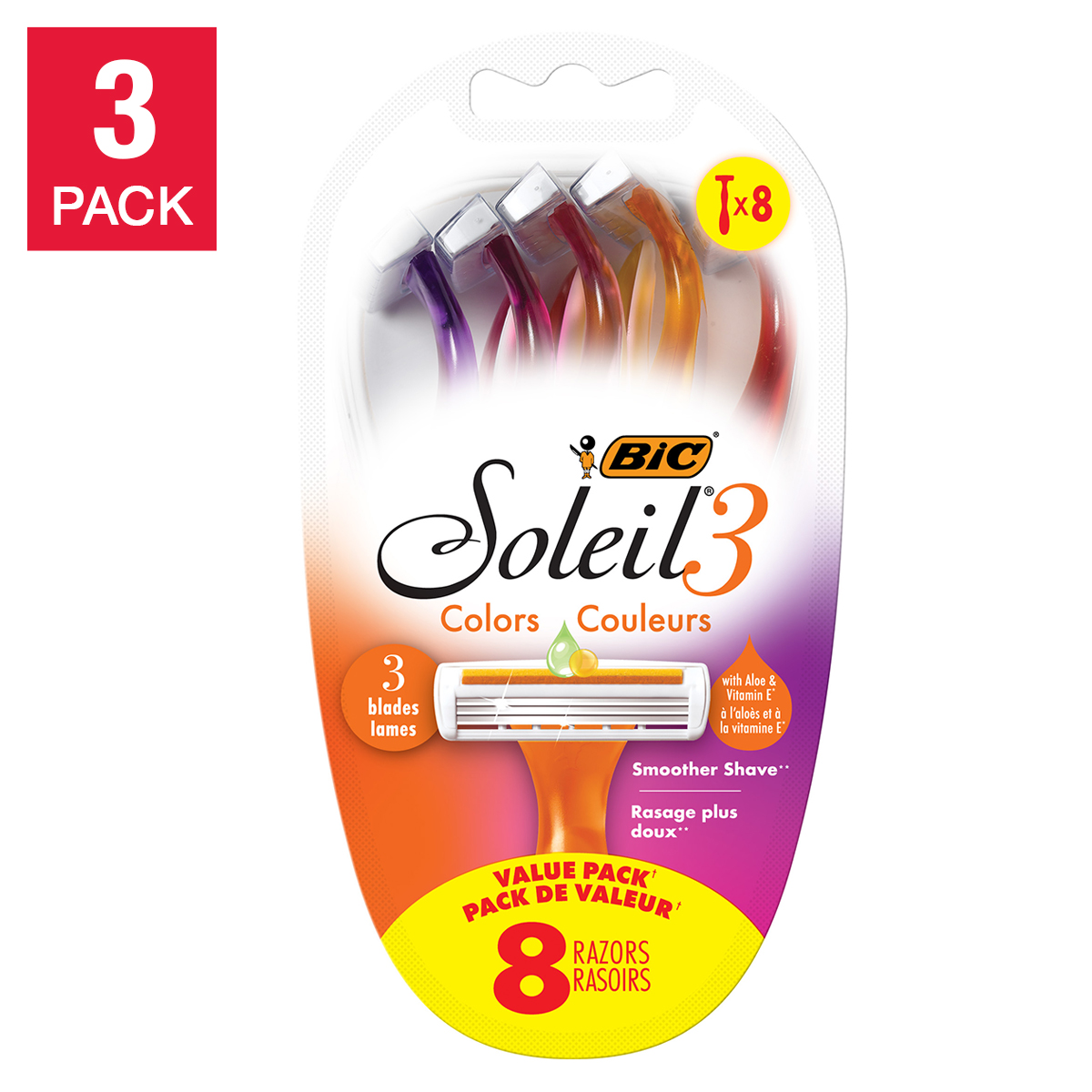 BIC Soleil Colour Collection Women's Disposable Razor, Assorted Colours, 3-pack
