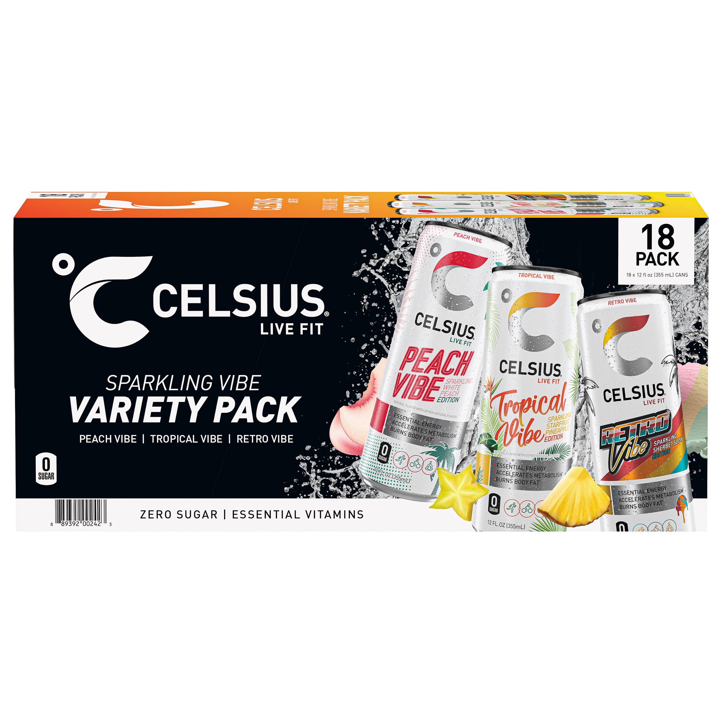 Celsius Sparkling Energy Drink, Vibe Variety Pack, 12 fl oz, 18