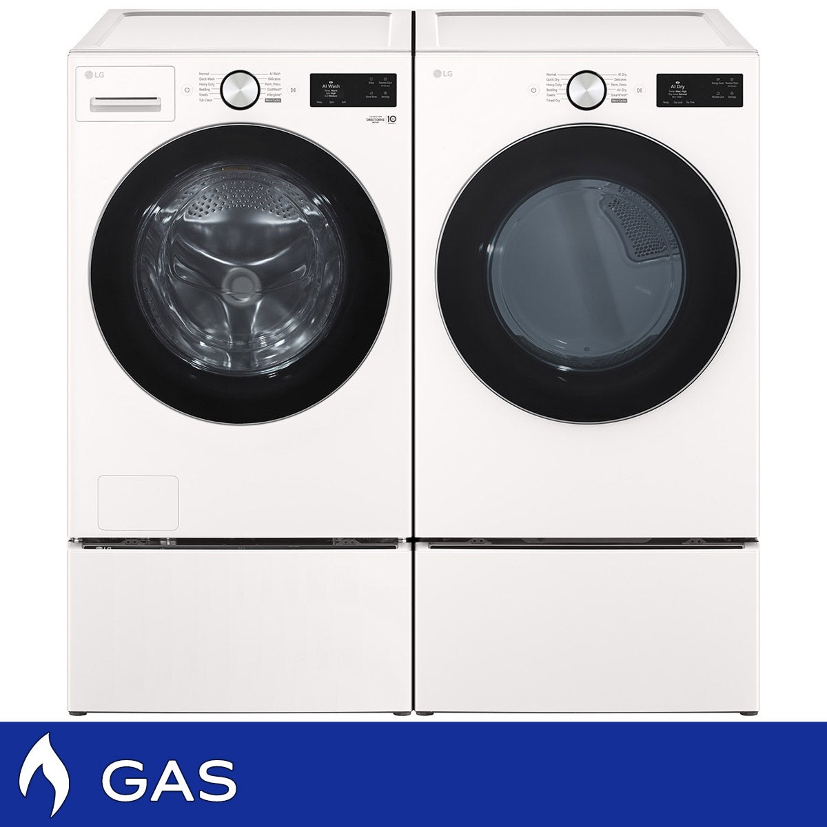 LG 5.0 cu. ft. Mega Capacity Smart Front Load Washer with TurboWash and LG 7.4 cu. ft. Ultra Large Capacity Smart Front Load Gas Dryer and with Storage Pedestals
