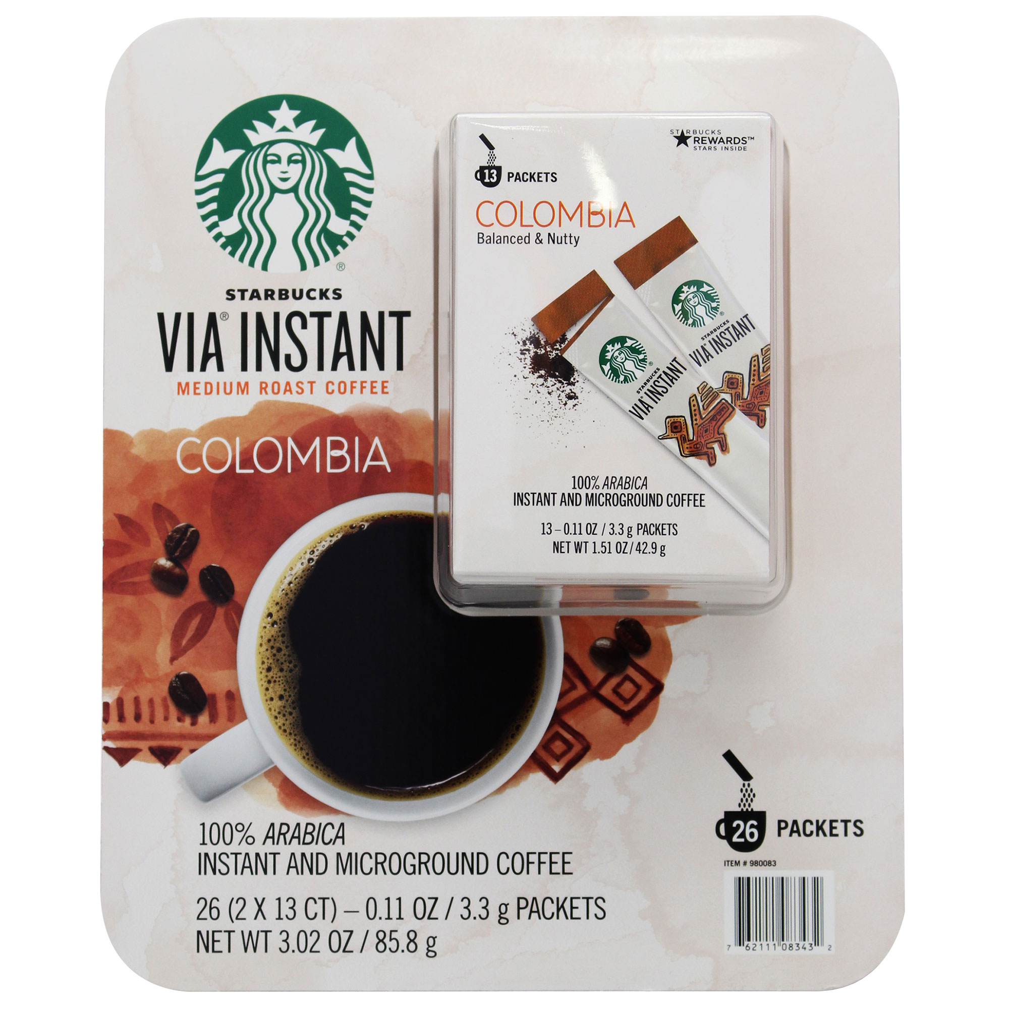 Starbucks VIA Instant Colombia Coffee  Medium Roast  26-count