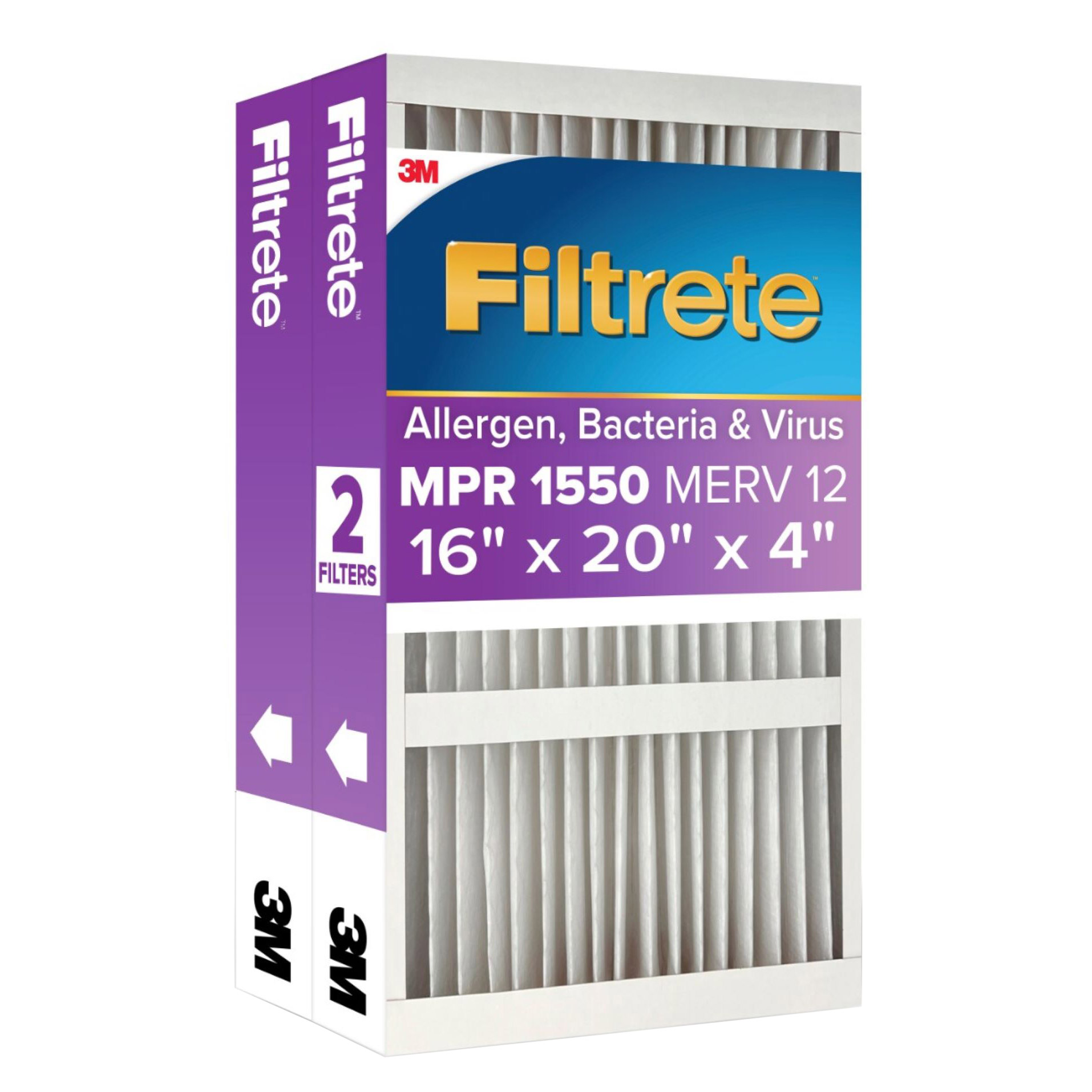 Filtrete Air Filter 4”  MPR 1550 MERV 12  Ultra Allergen  Bacteria  and Virus Deep Pleat Filter  2-pack