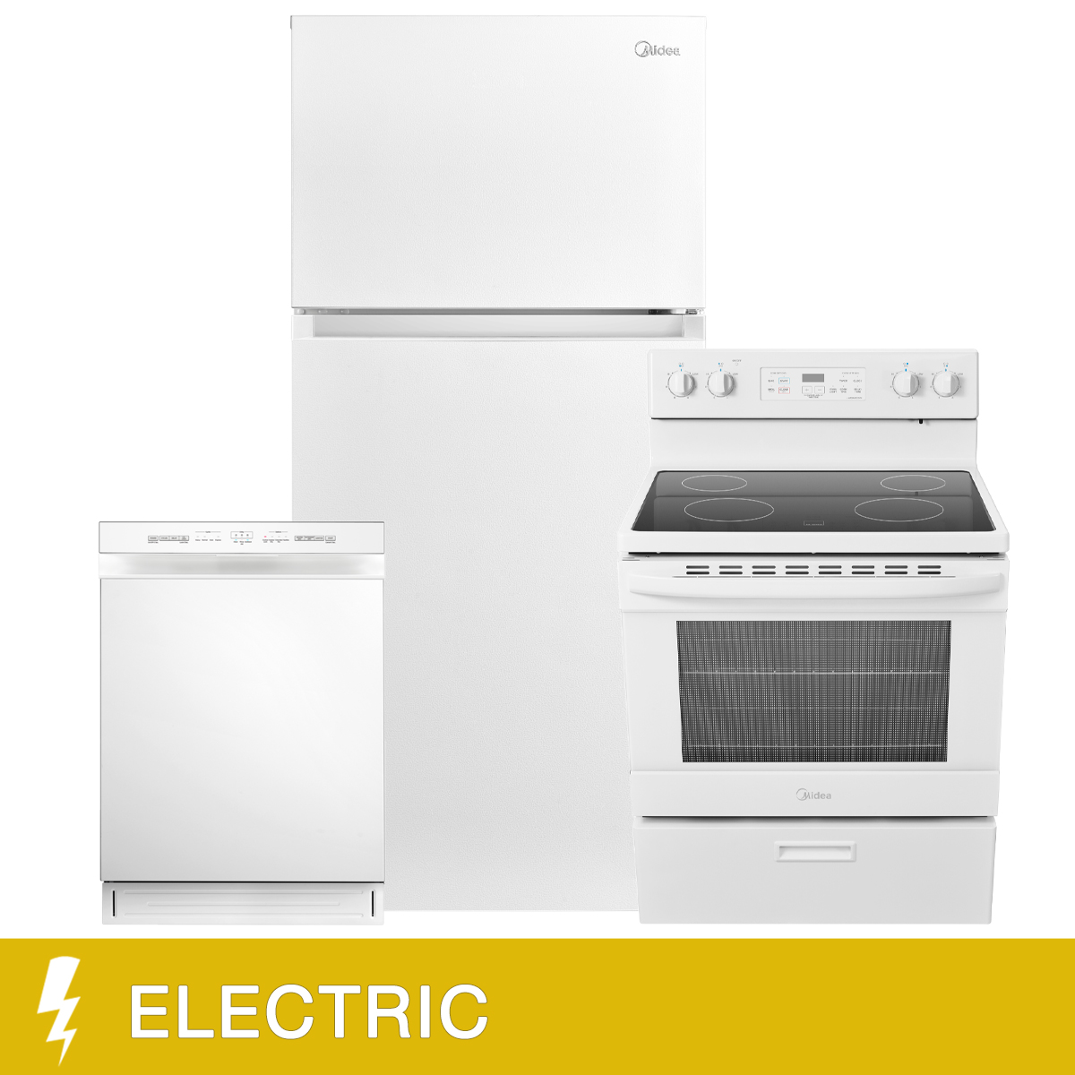 Midea White 3 piece Kitchen Suite with 28 in 14.2 cu.ft Top Mount Refrigerator, 30 in. 5.1 cu.ft. Ceramic Cooktop Range and 24 in. Dishwasher