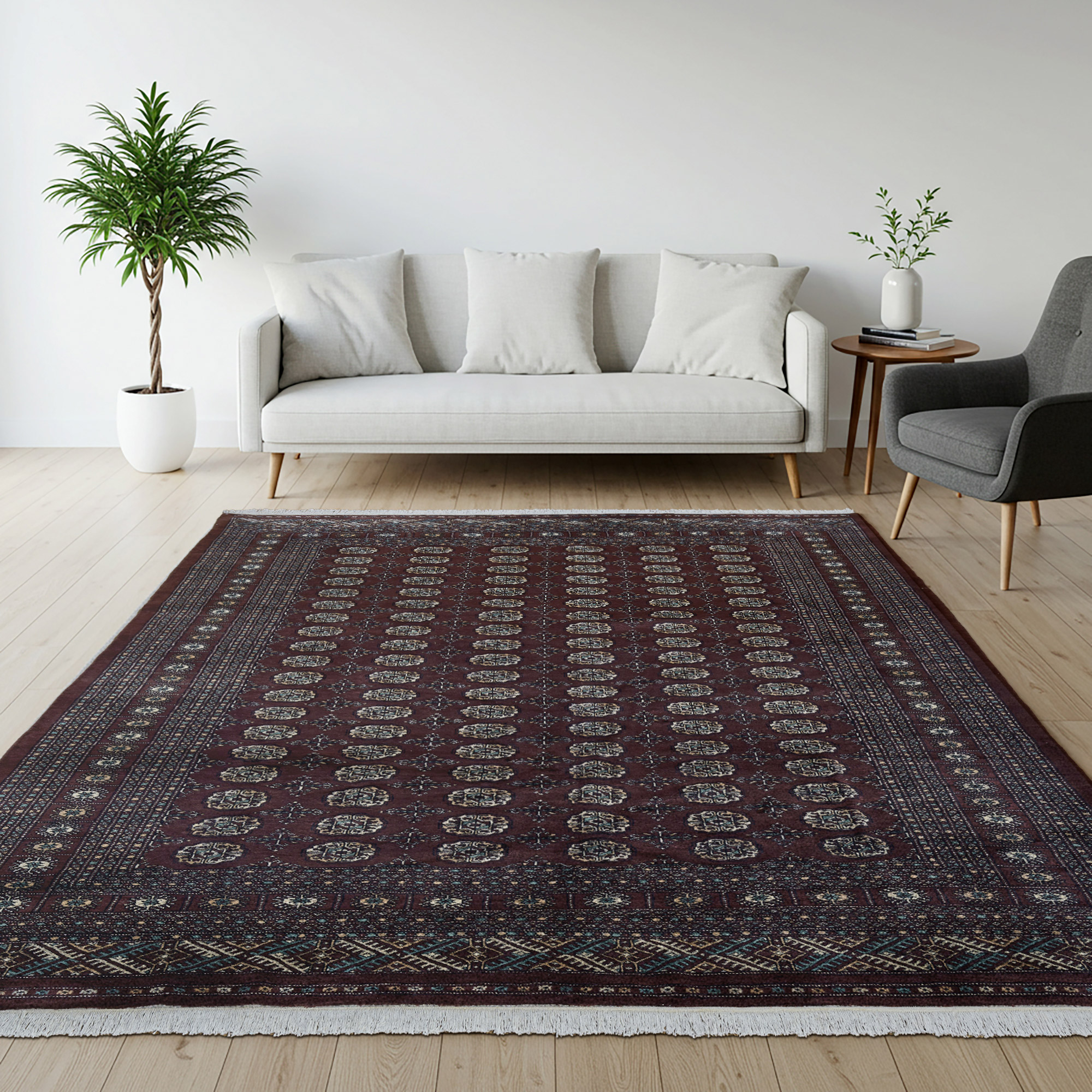 Pakistani Hand Knotted Rug Collection  Classic Bukhara Donegal Burgundy  8' x 10'