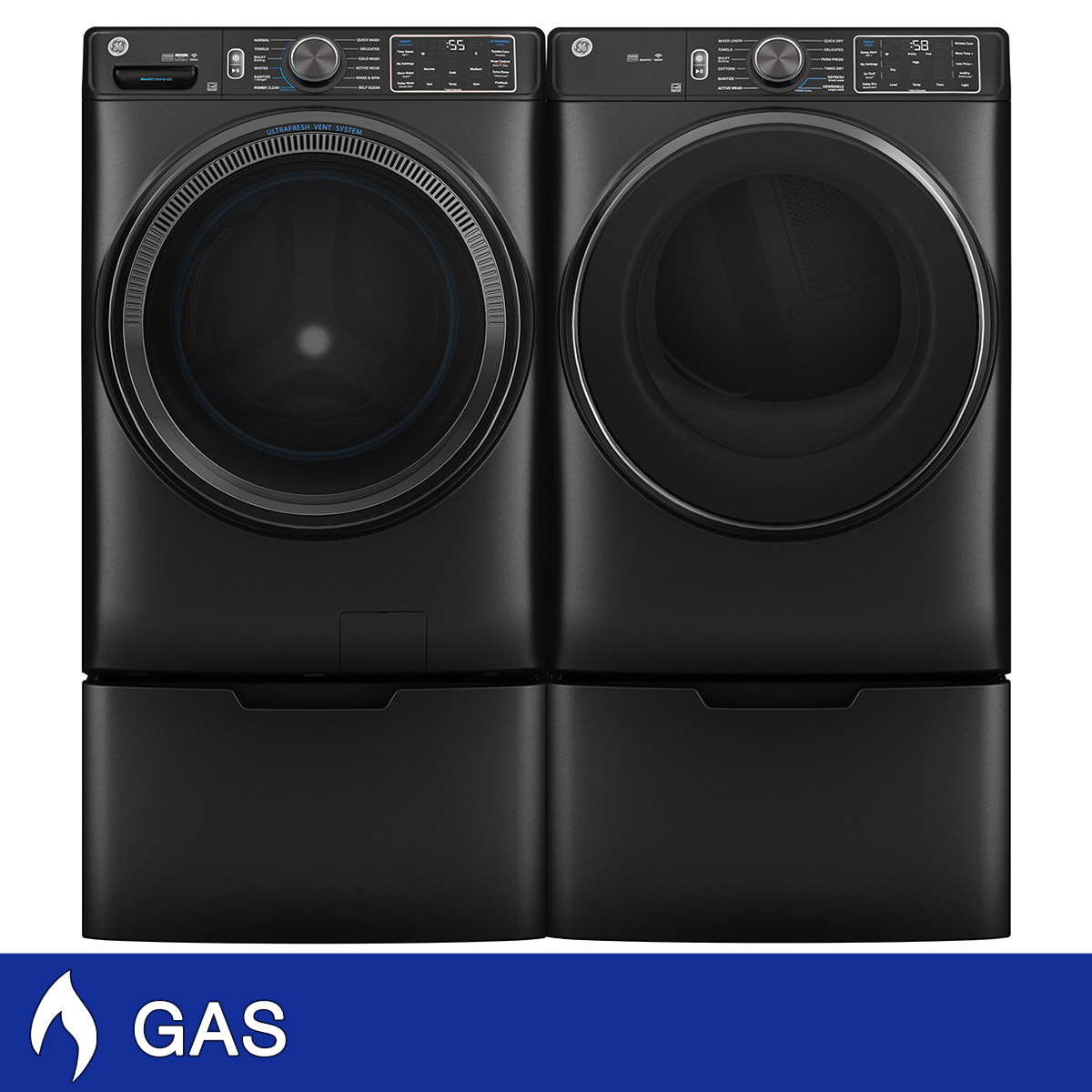 GE 5.0 cu. ft. Front Load Steam Washer with SmartDispense and 7.8 cu. ft. GAS Dryer with Steam and Sanitize Cycle Laundry Package with Storage Pedestals